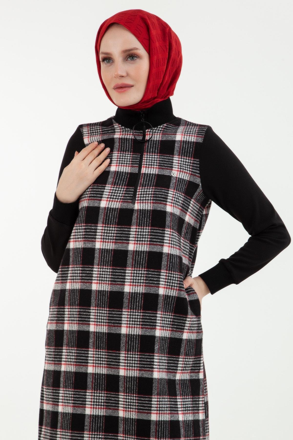 ARMİNE TREND Kazayağı Desenli Fermuarlı Tunik-Siyah-Kırmızı 23KT445