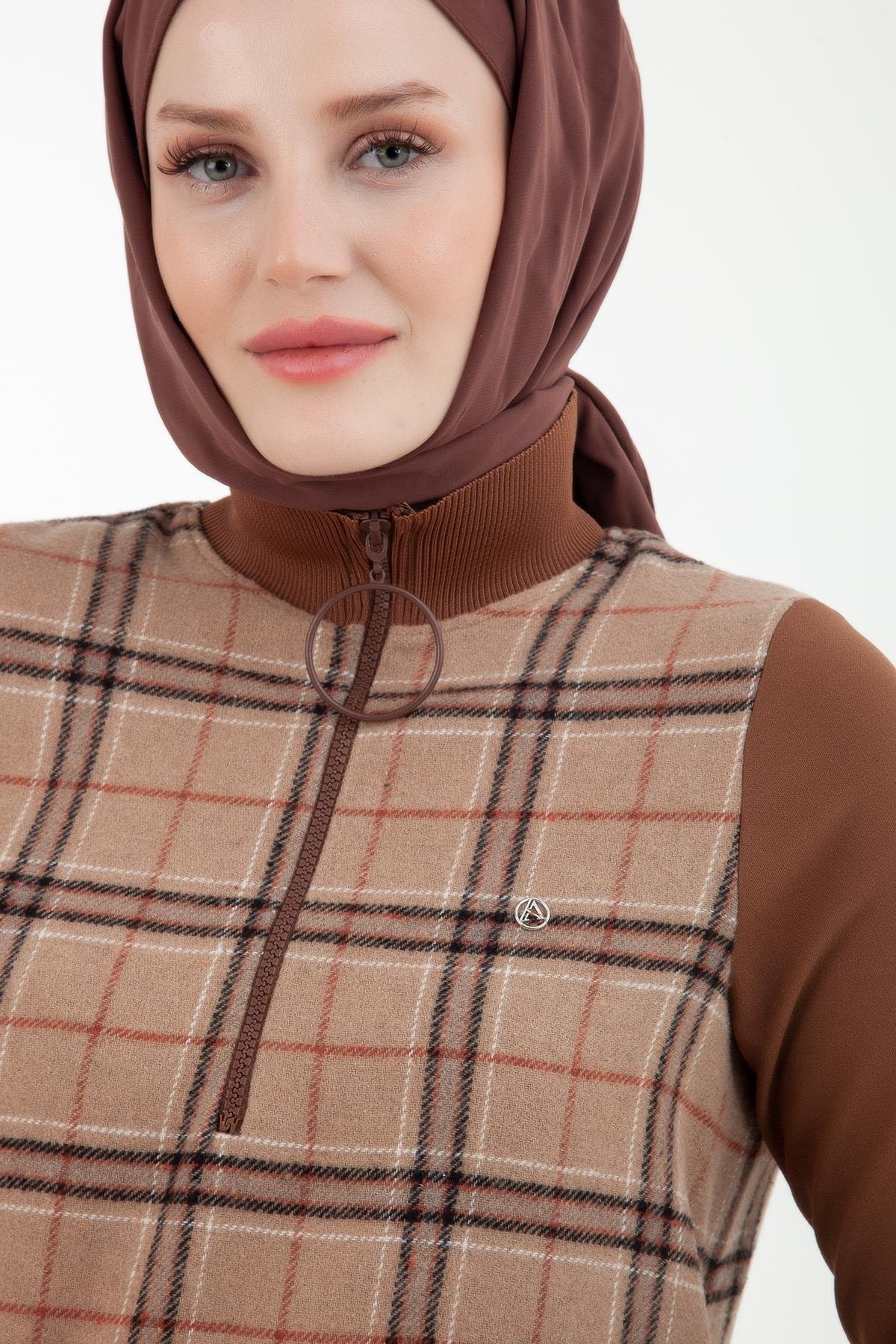 ARMİNE TREND Kazayağı Desenli Fermuarlı Tunik-D.V.1 Kahve 23KT445