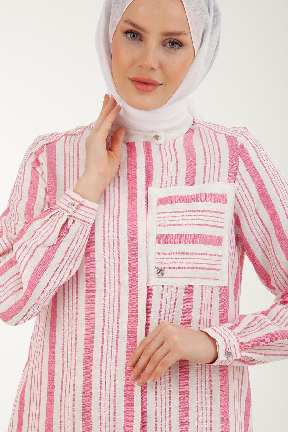 ARMİNE TREND Keten Görünümlü Çizgi Desenli Pantolonlu Takım-Fuşya 23YT646