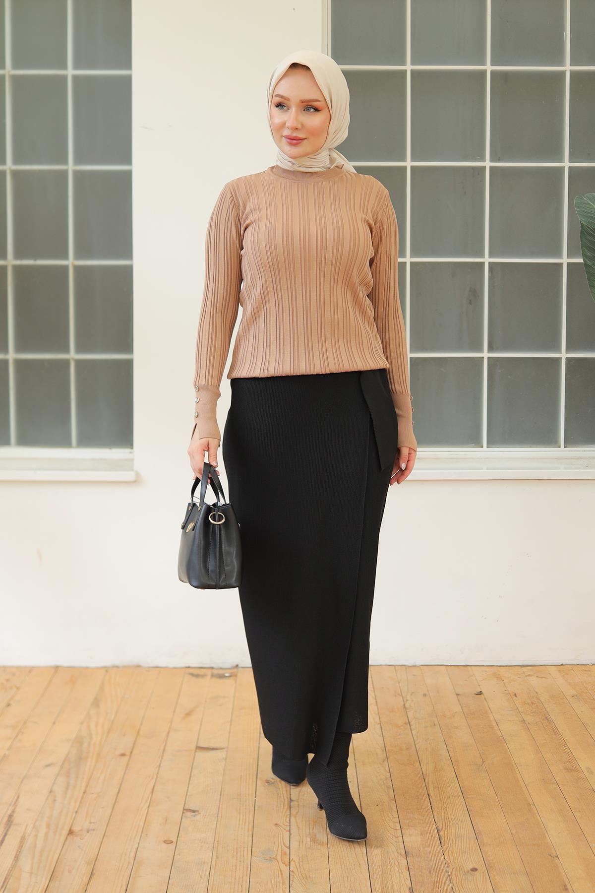ARMİNE TREND Kolları Düğme Detaylı Triko Tunik-Latte 24KTD301