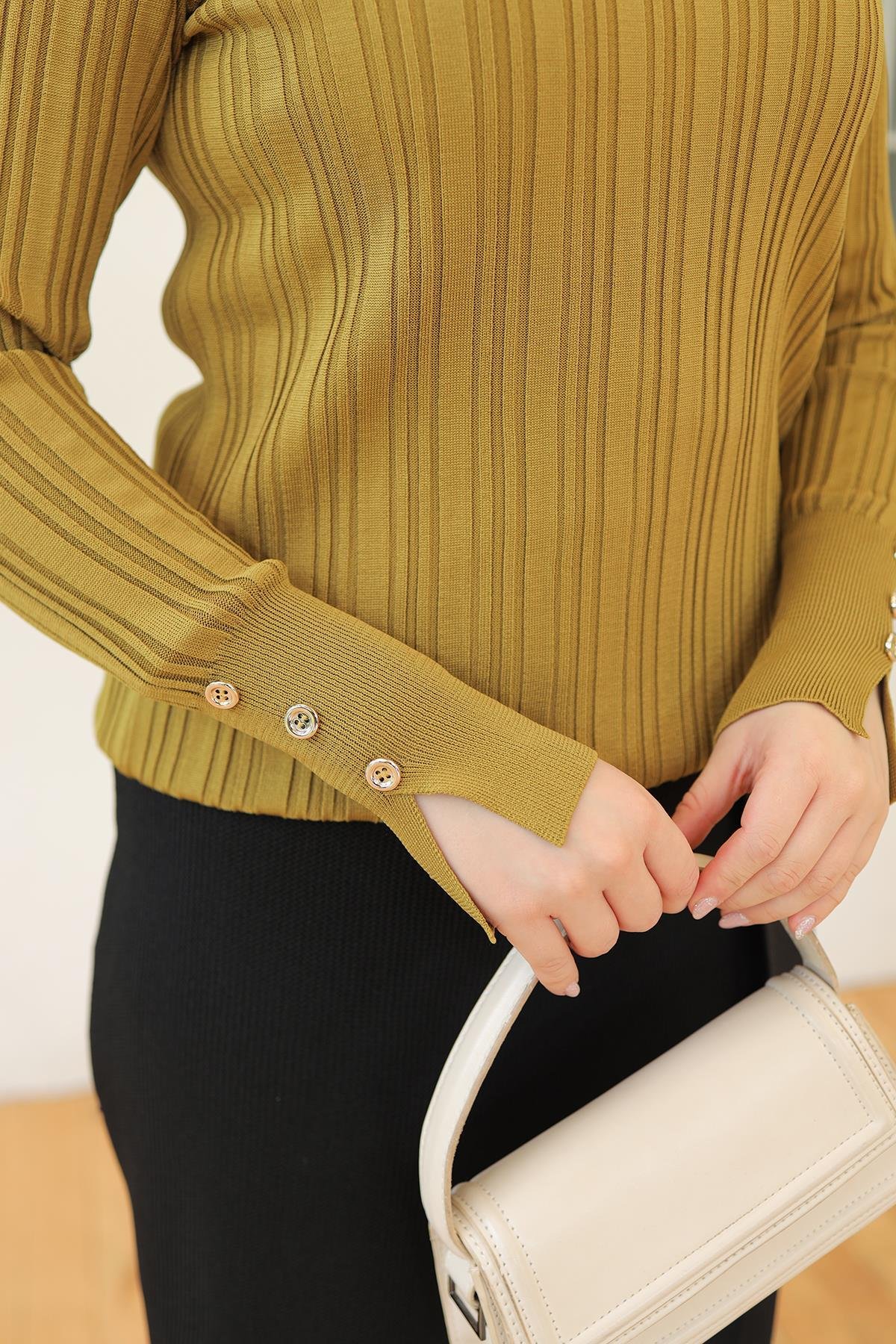 ARMİNE TREND Kolları Düğme Detaylı Triko Tunik-Yağ Yeşili 24KTD301