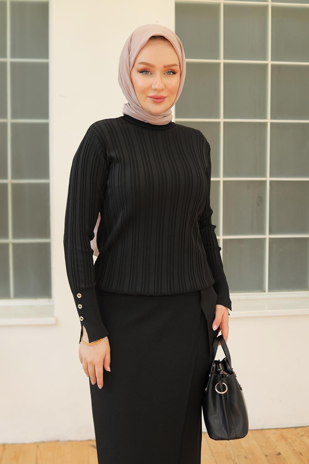 ARMİNE TREND Kolları Düğme Detaylı Triko Tunik-Siyah 24KTD301