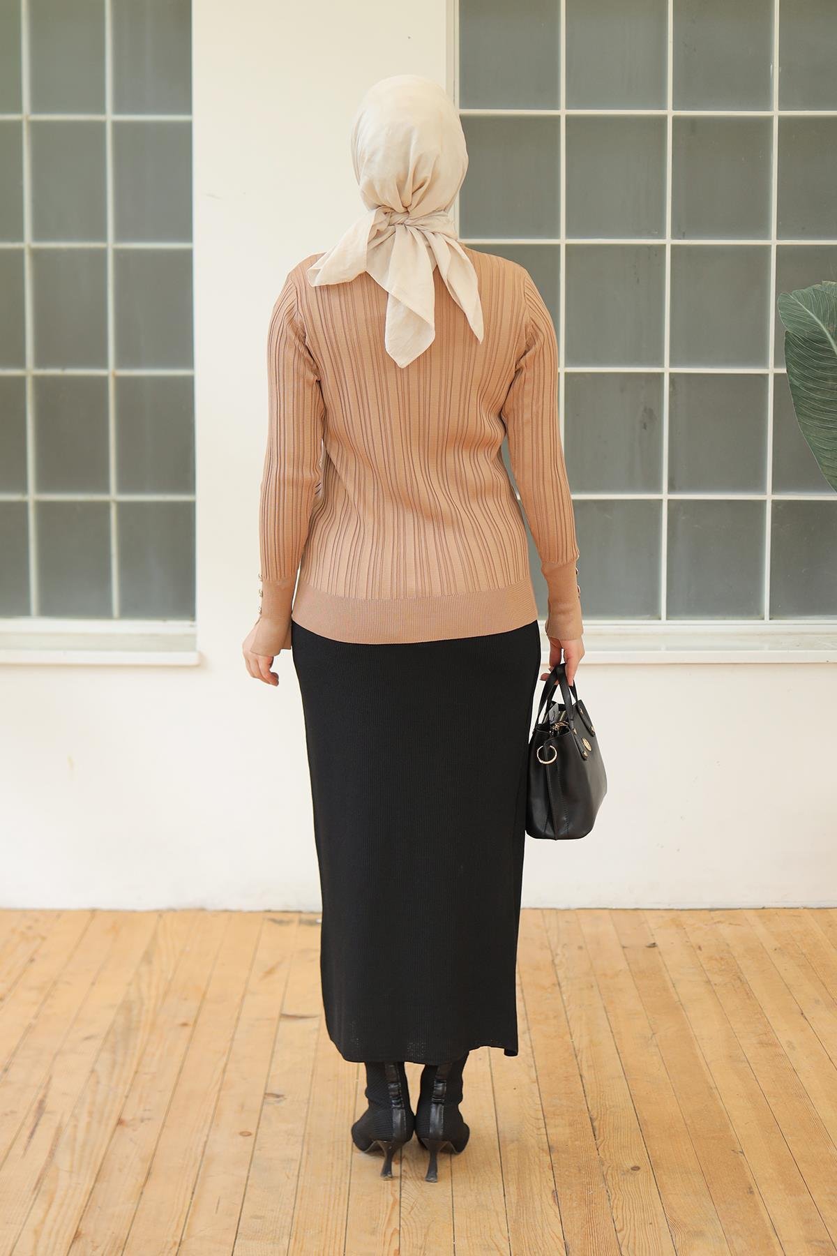 ARMİNE TREND Kolları Düğme Detaylı Triko Tunik-Latte 24KTD301