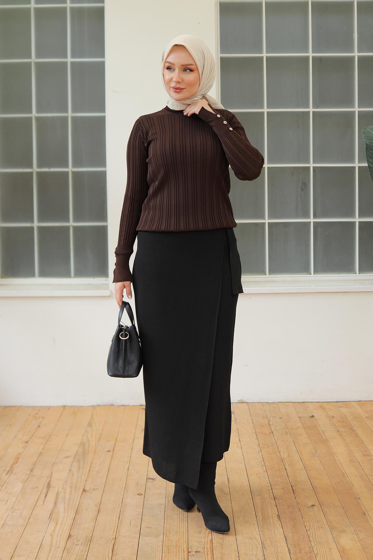 ARMİNE TREND Kolları Düğme Detaylı Triko Tunik-Brown 24KTD301
