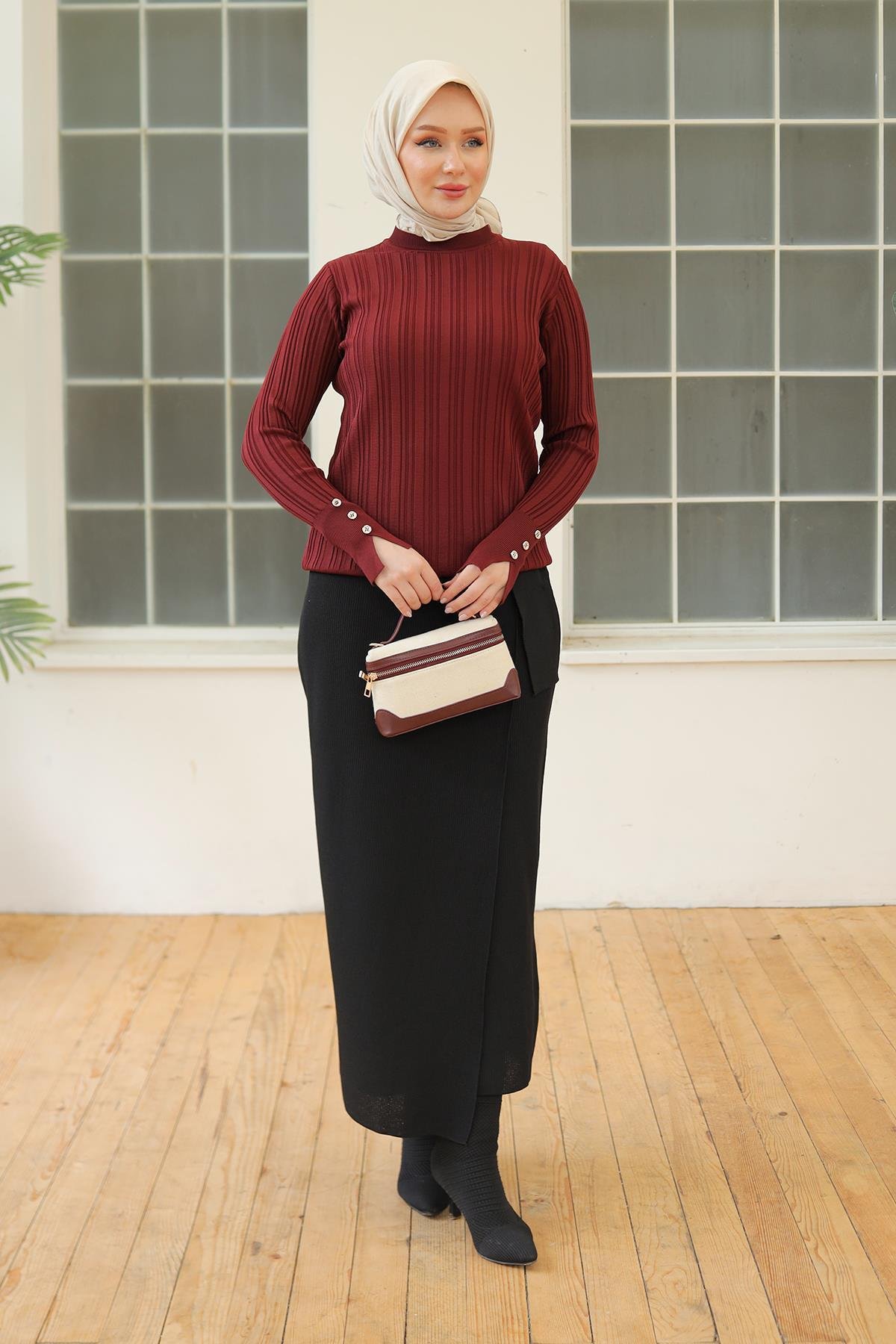 ARMİNE TREND Kolları Düğme Detaylı Triko Tunik-Bordo 24KTD301