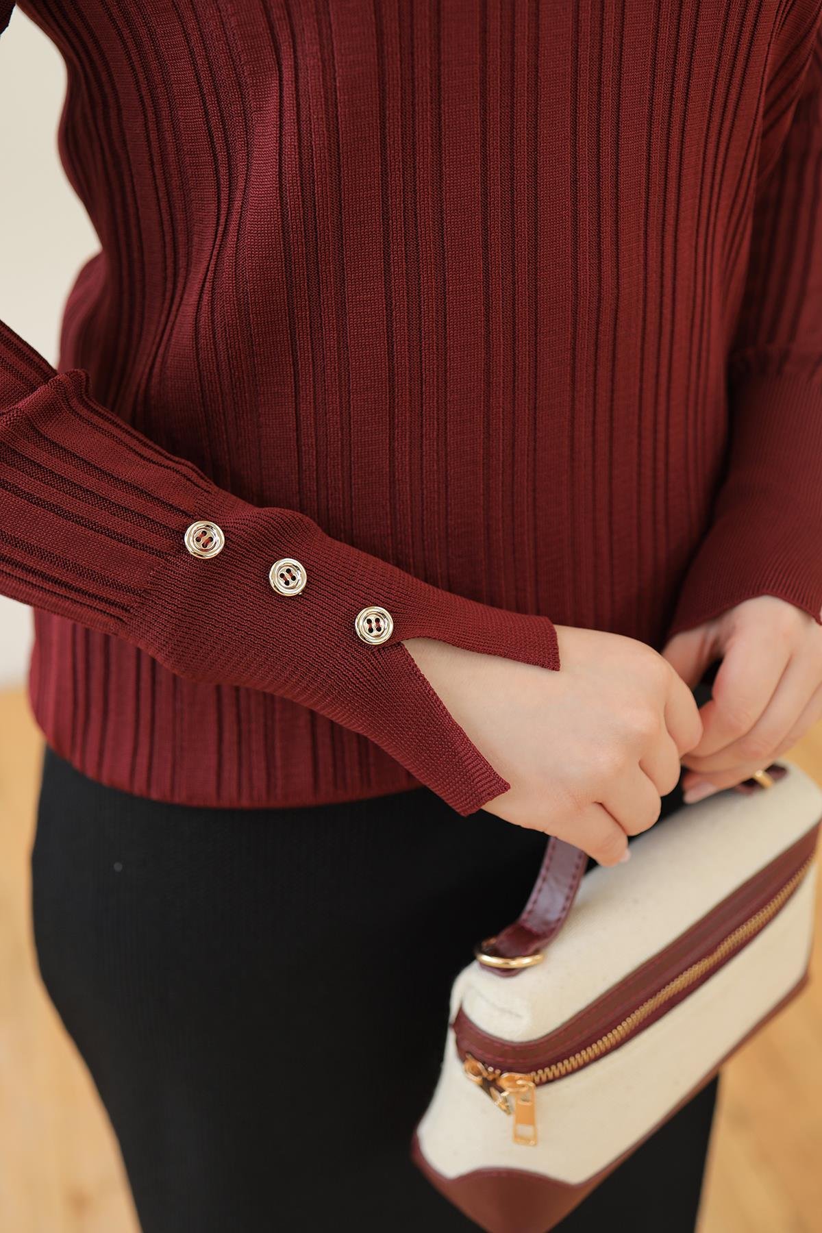 ARMİNE TREND Kolları Düğme Detaylı Triko Tunik-Bordo 24KTD301