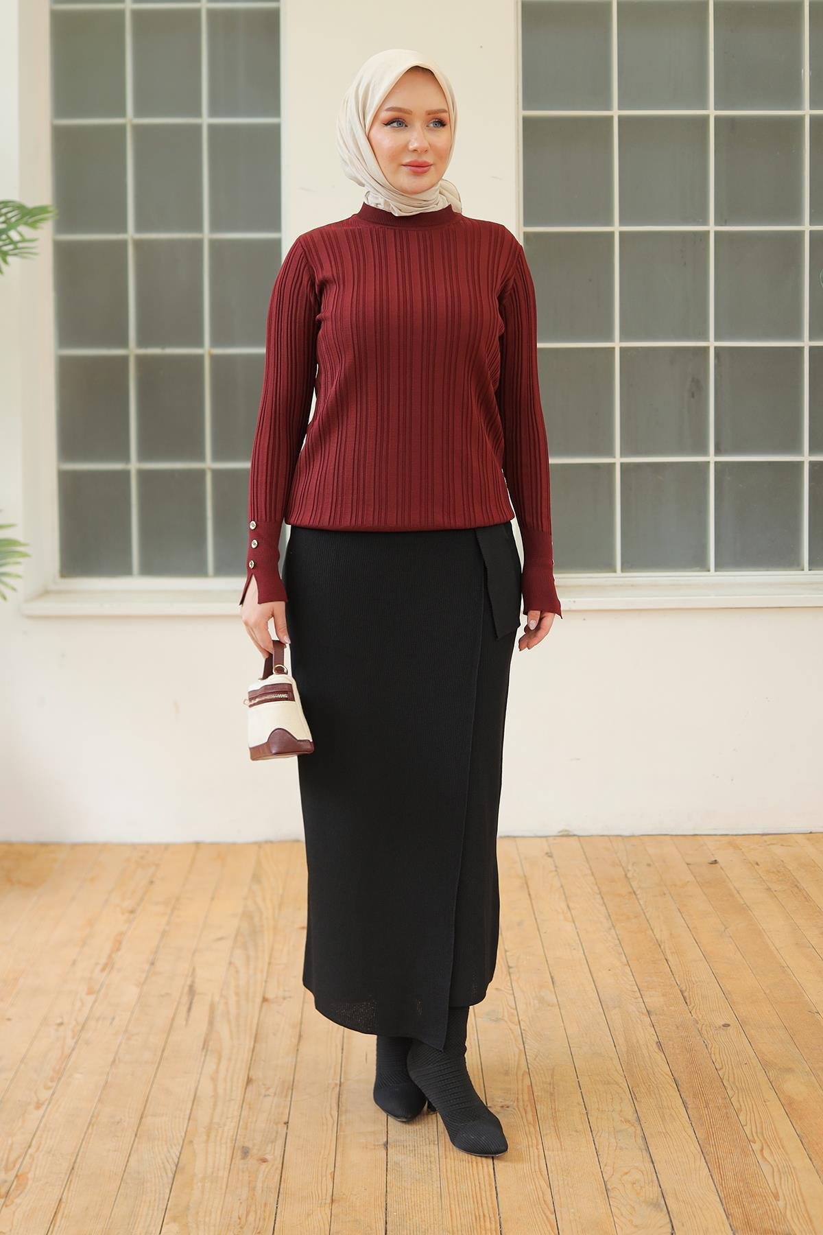 ARMİNE TREND Kolları Düğme Detaylı Triko Tunik-Bordo 24KTD301