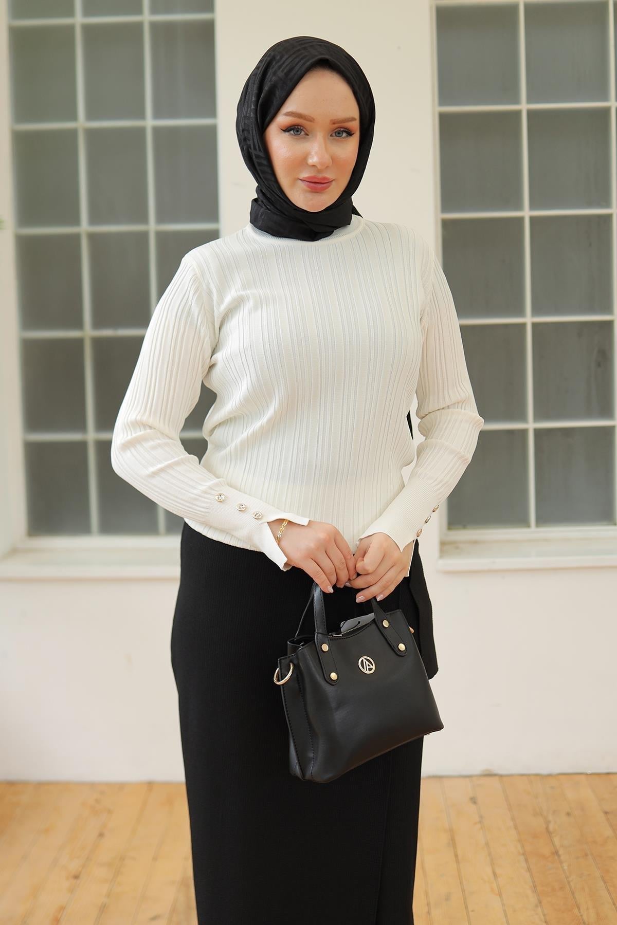 ARMİNE TREND Kolları Düğme Detaylı Triko Tunik-Kemik 24KTD301