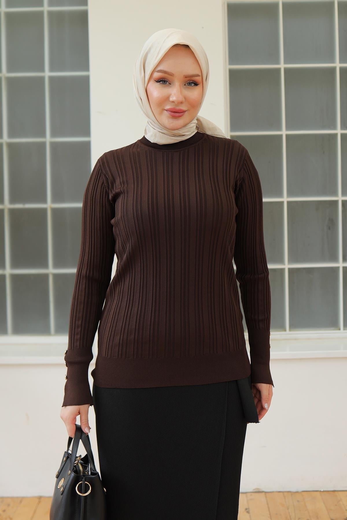 ARMİNE TREND Kolları Düğme Detaylı Triko Tunik-Brown 24KTD301