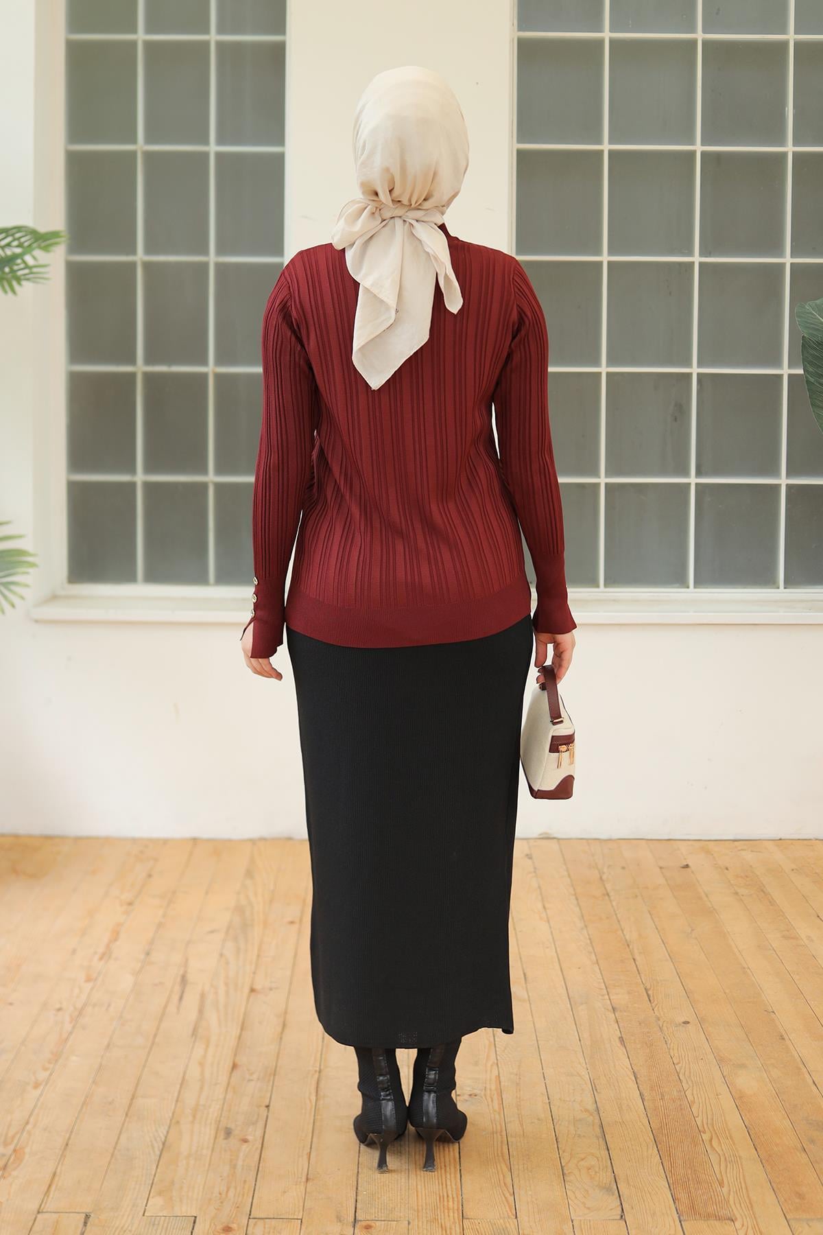 ARMİNE TREND Kolları Düğme Detaylı Triko Tunik-Bordo 24KTD301