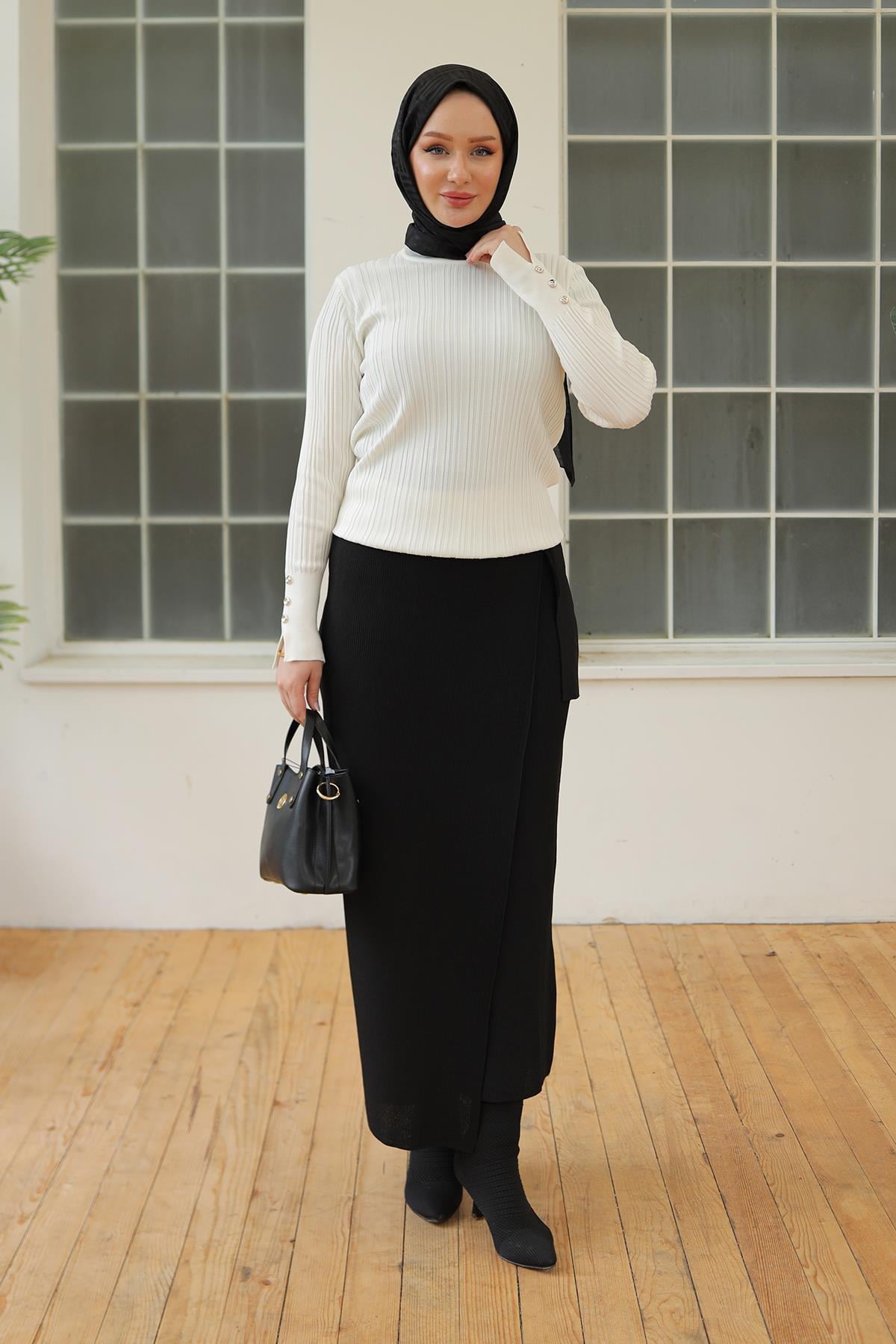ARMİNE TREND Kolları Düğme Detaylı Triko Tunik-Kemik 24KTD301