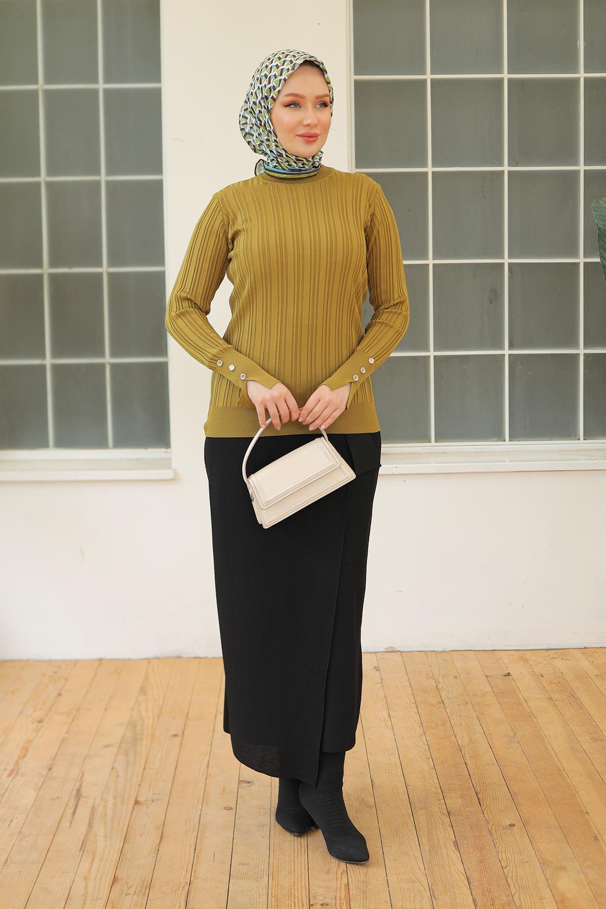 ARMİNE TREND Kolları Düğme Detaylı Triko Tunik-Yağ Yeşili 24KTD301
