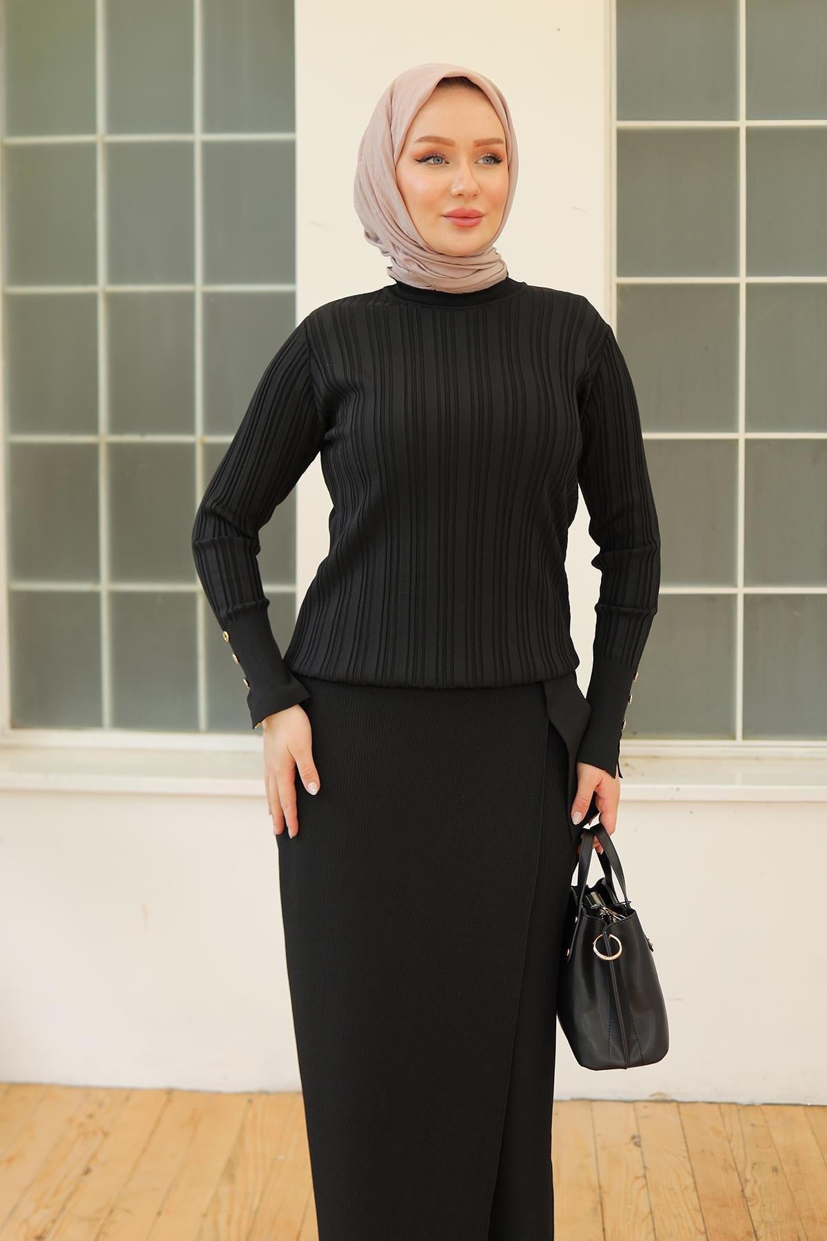 ARMİNE TREND Kolları Düğme Detaylı Triko Tunik-Siyah 24KTD301