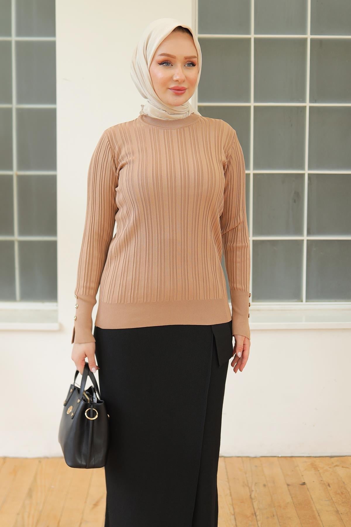 ARMİNE TREND Kolları Düğme Detaylı Triko Tunik-Latte 24KTD301