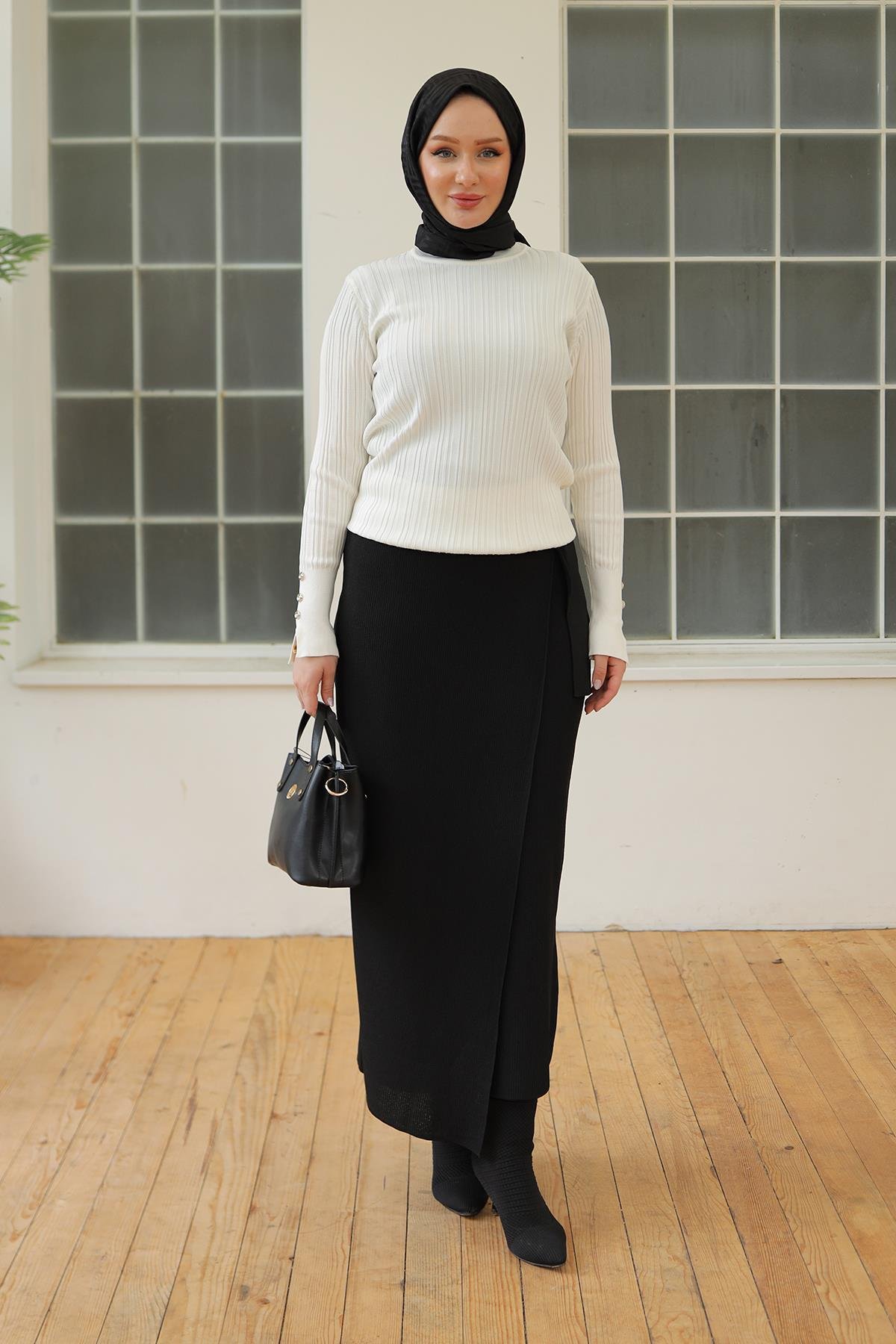 ARMİNE TREND Kolları Düğme Detaylı Triko Tunik-Kemik 24KTD301