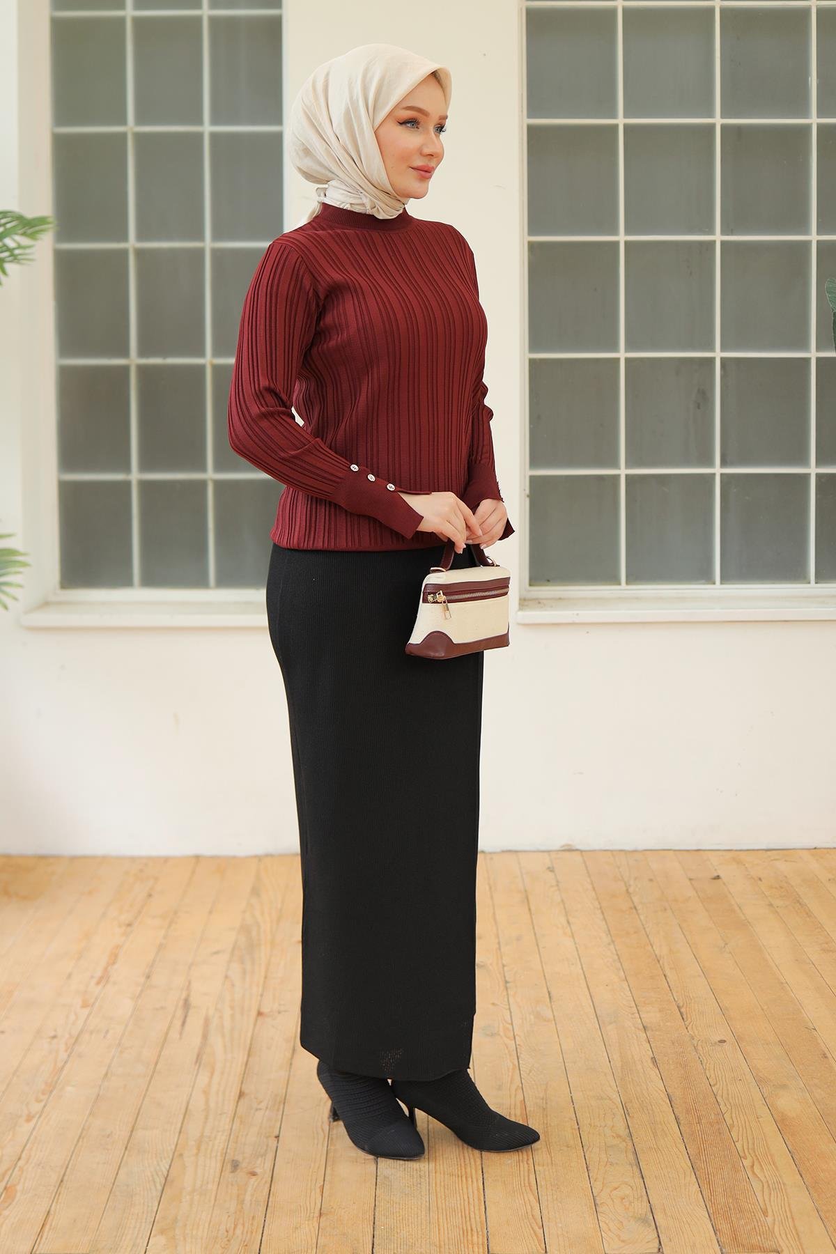 ARMİNE TREND Kolları Düğme Detaylı Triko Tunik-Bordo 24KTD301