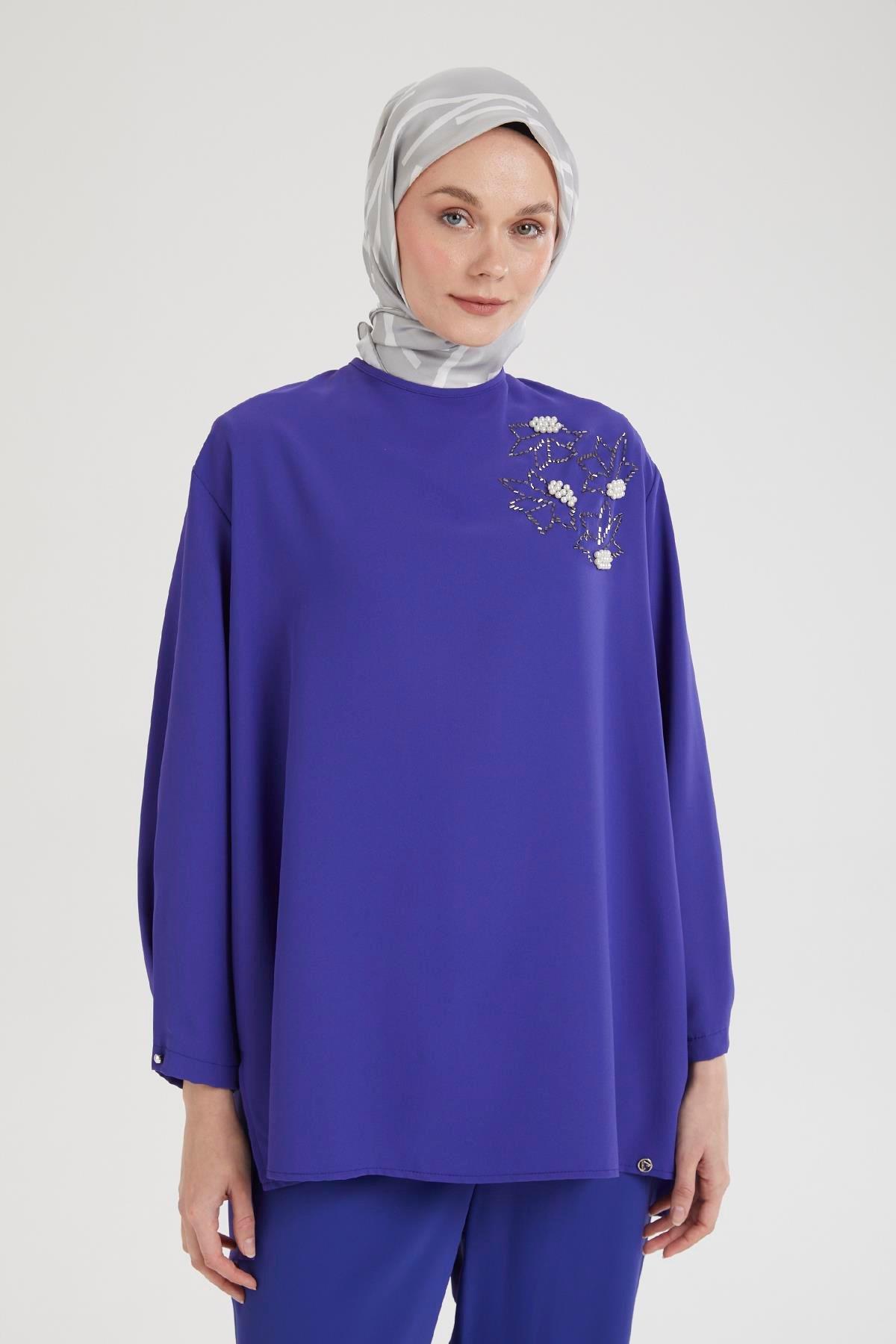 ARMİNE TREND Kolları Düğmeli Taş Desenli Tunik-Morcivert 25YT443
