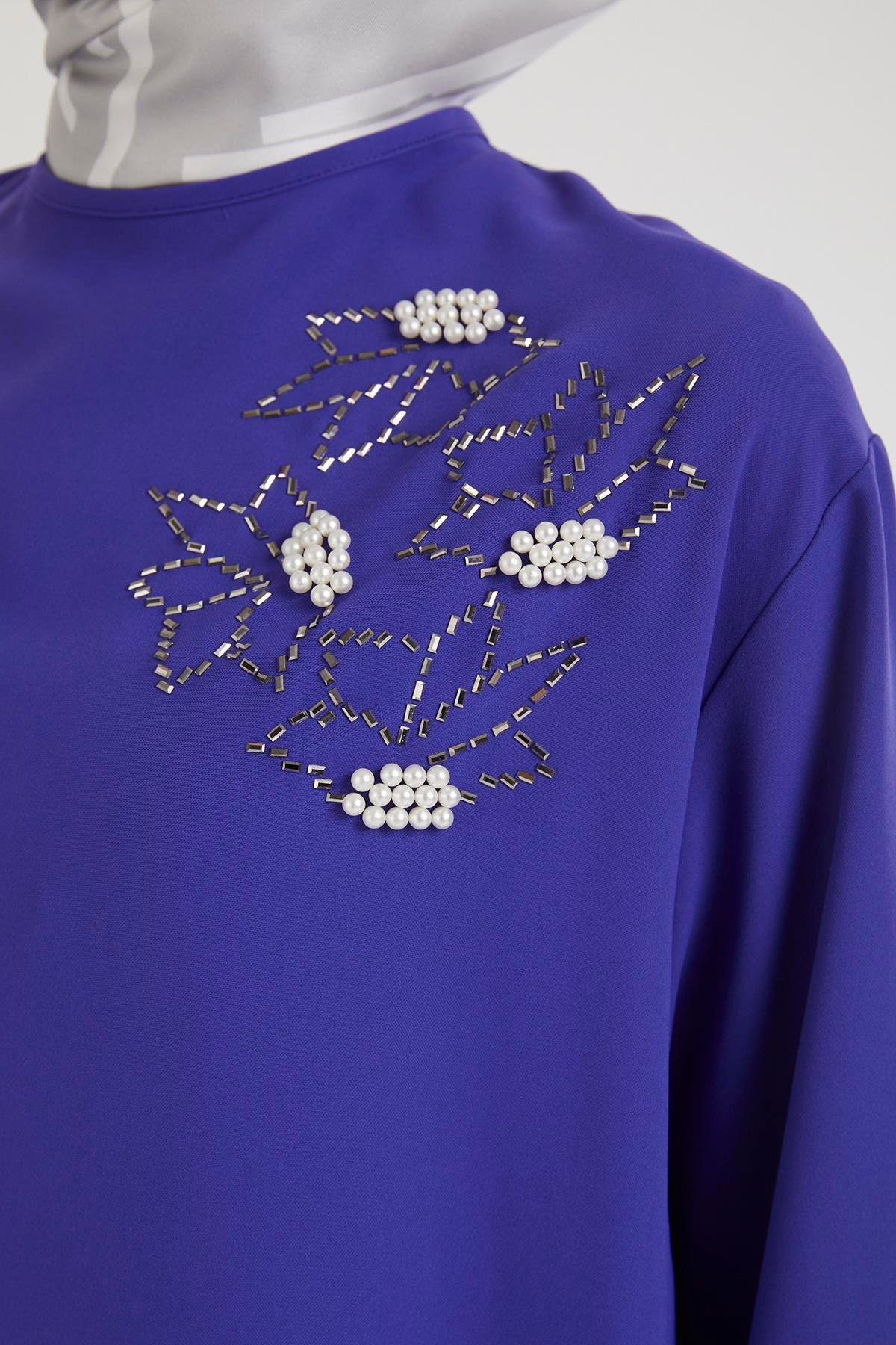 ARMİNE TREND Kolları Düğmeli Taş Desenli Tunik-Morcivert 25YT443