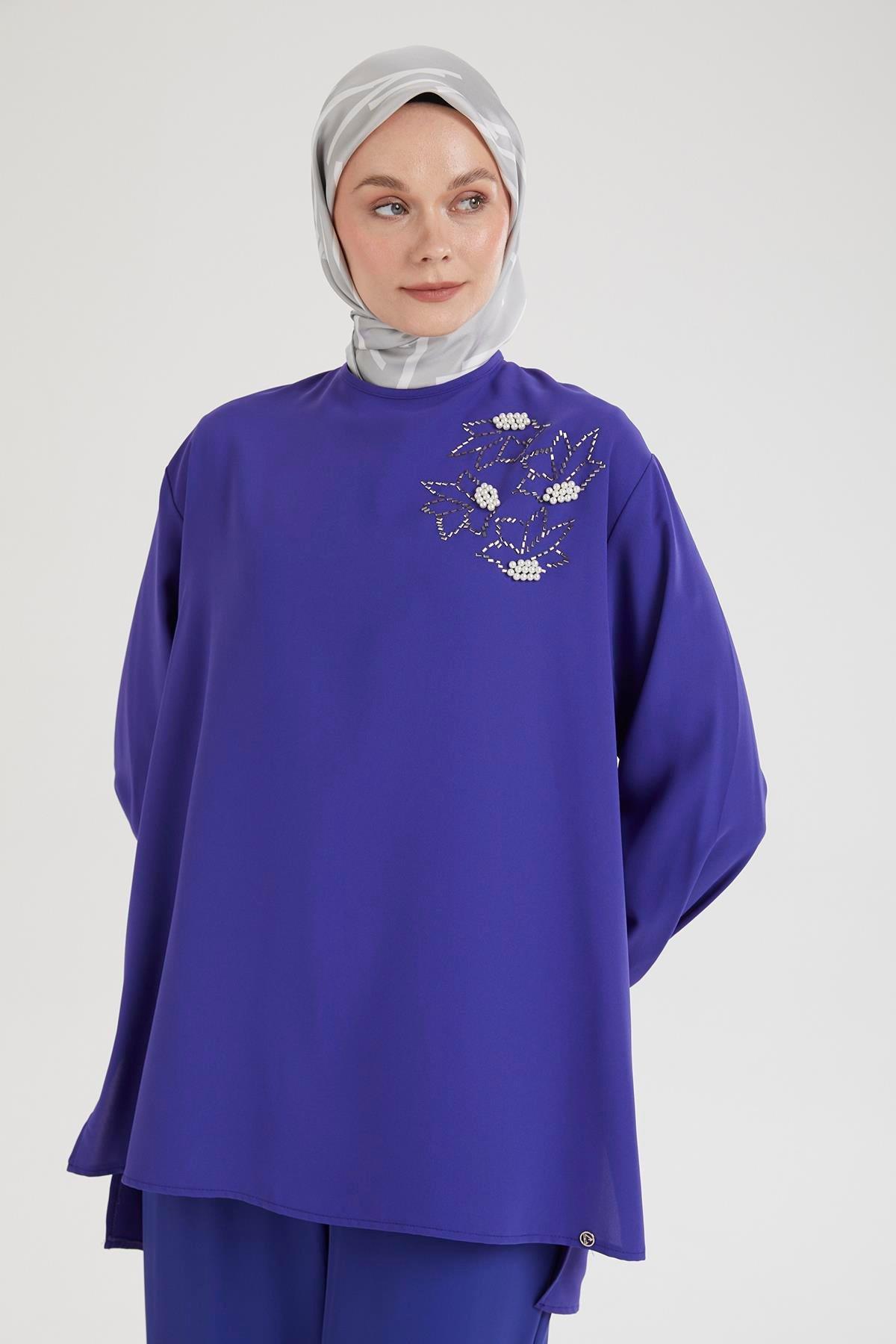 ARMİNE TREND Kolları Düğmeli Taş Desenli Tunik-Morcivert 25YT443