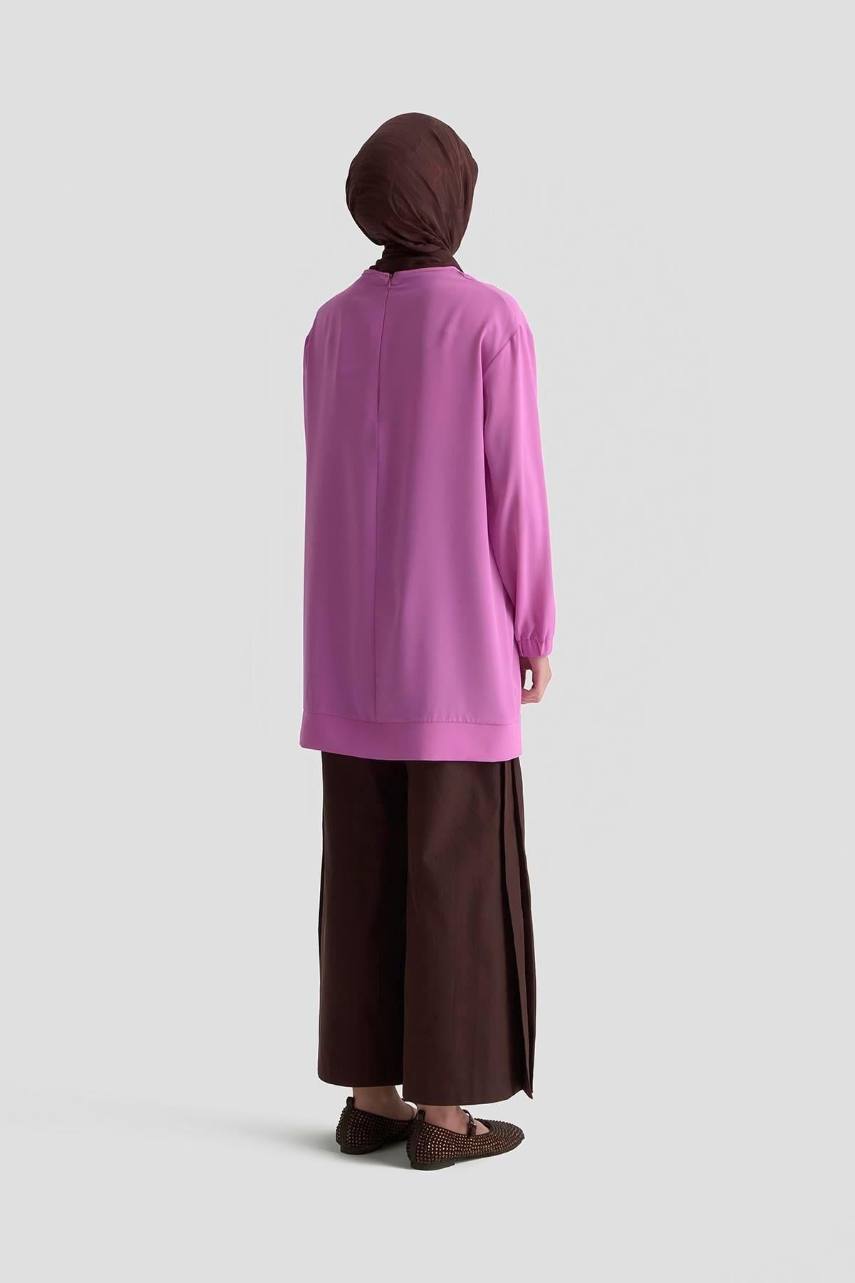 ARMİNE TREND Kolları Lastikli Aksesuar Detaylı Bisiklet Yaka Tunik 25YT415 Pembe