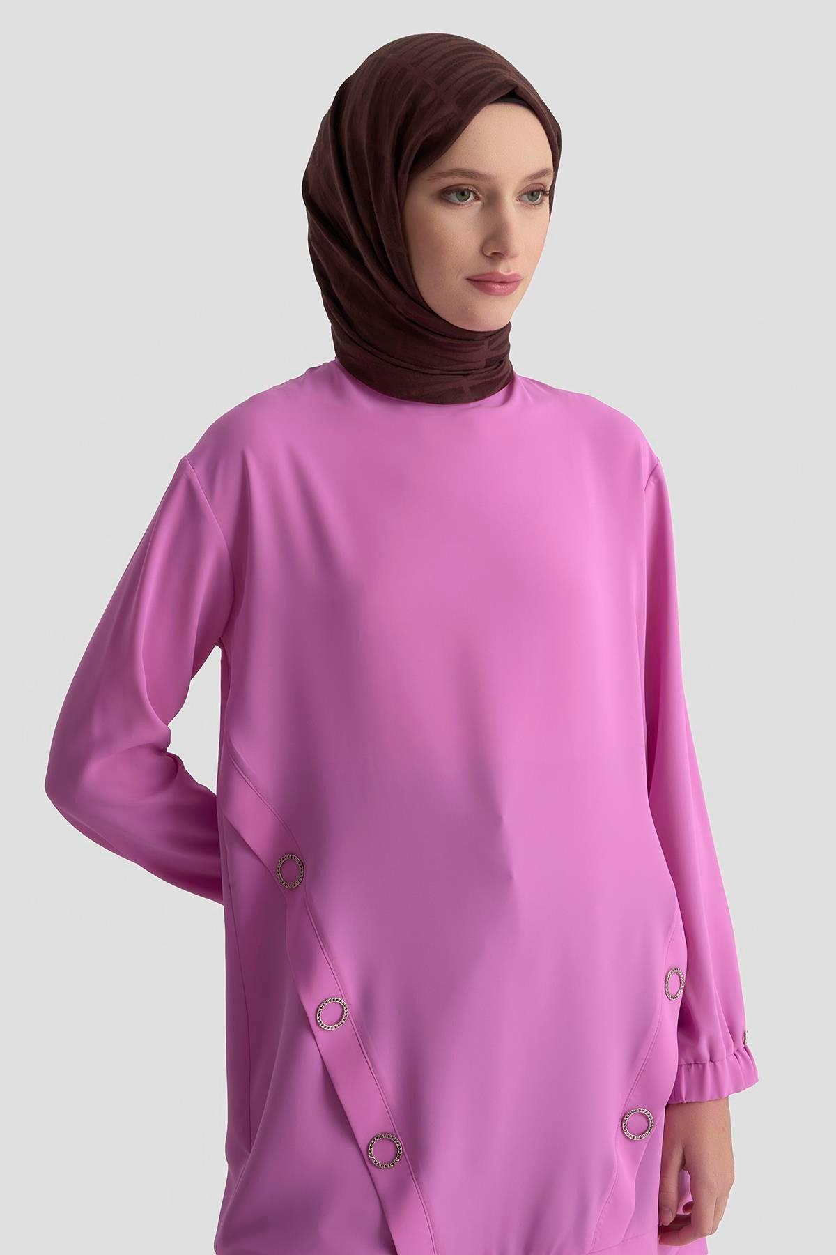 ARMİNE TREND Kolları Lastikli Aksesuar Detaylı Bisiklet Yaka Tunik 25YT415 Pembe