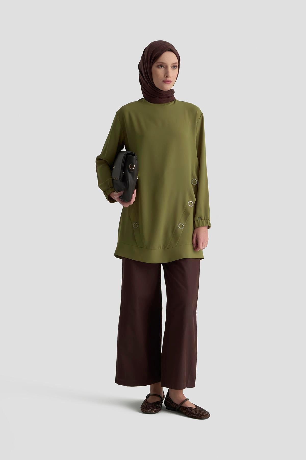 ARMİNE TREND Kolları Lastikli Aksesuar Detaylı Bisiklet Yaka Tunik Yağ Yeşili 25YT415