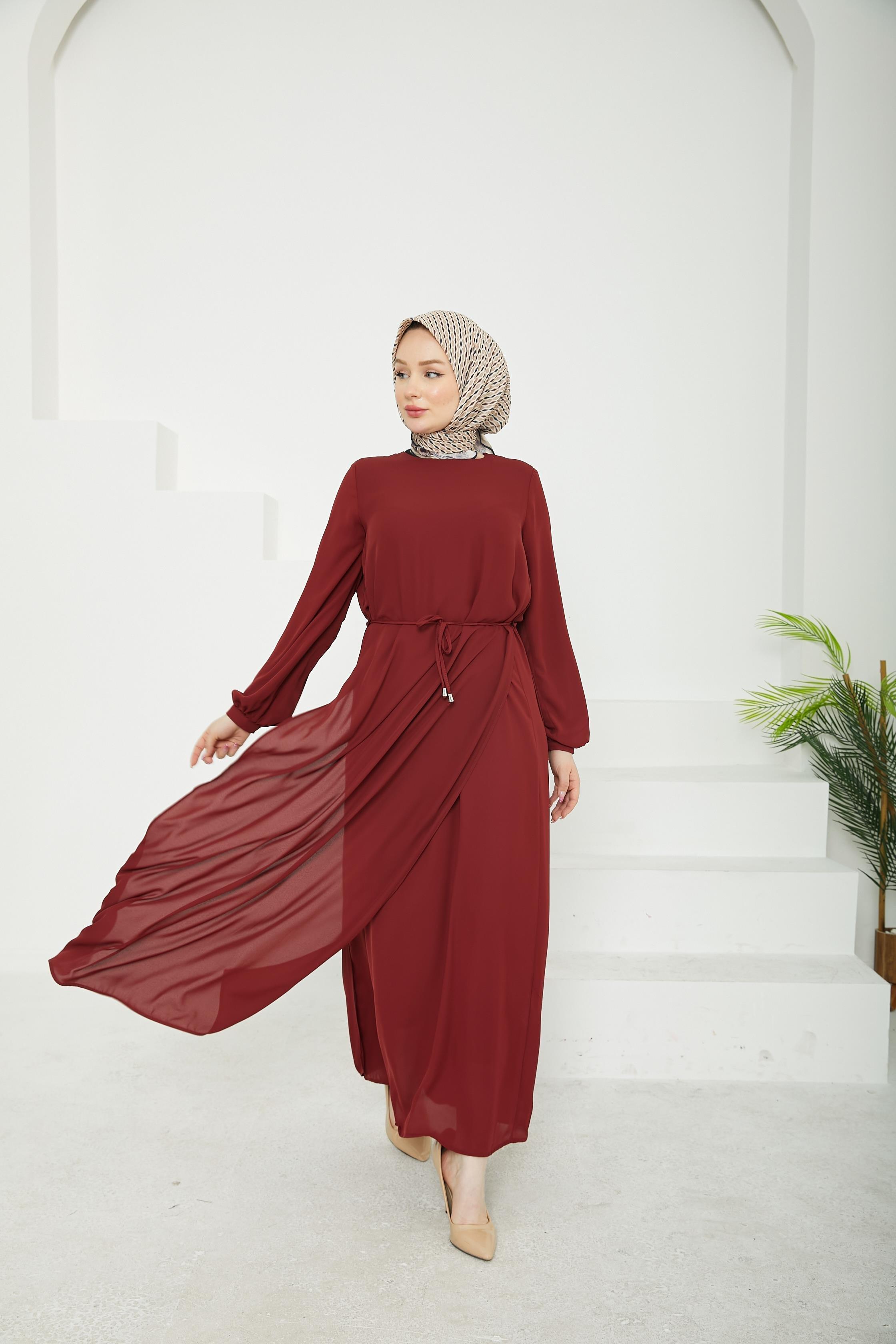 ARMİNE TREND Kolları Lastikli Astarlı Elbise Bordo 25YT927