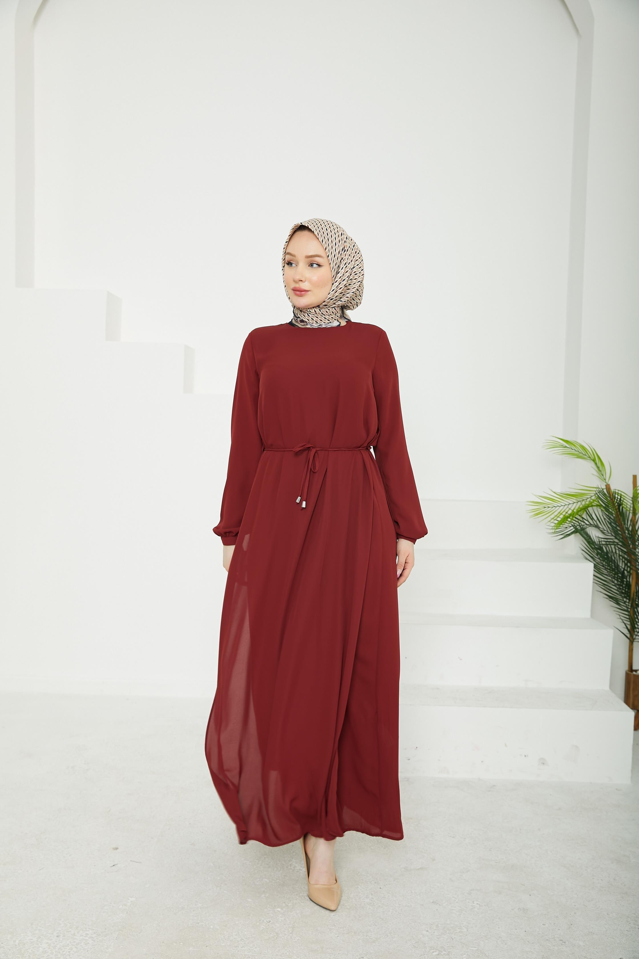 ARMİNE TREND Kolları Lastikli Astarlı Elbise Bordo 25YT927