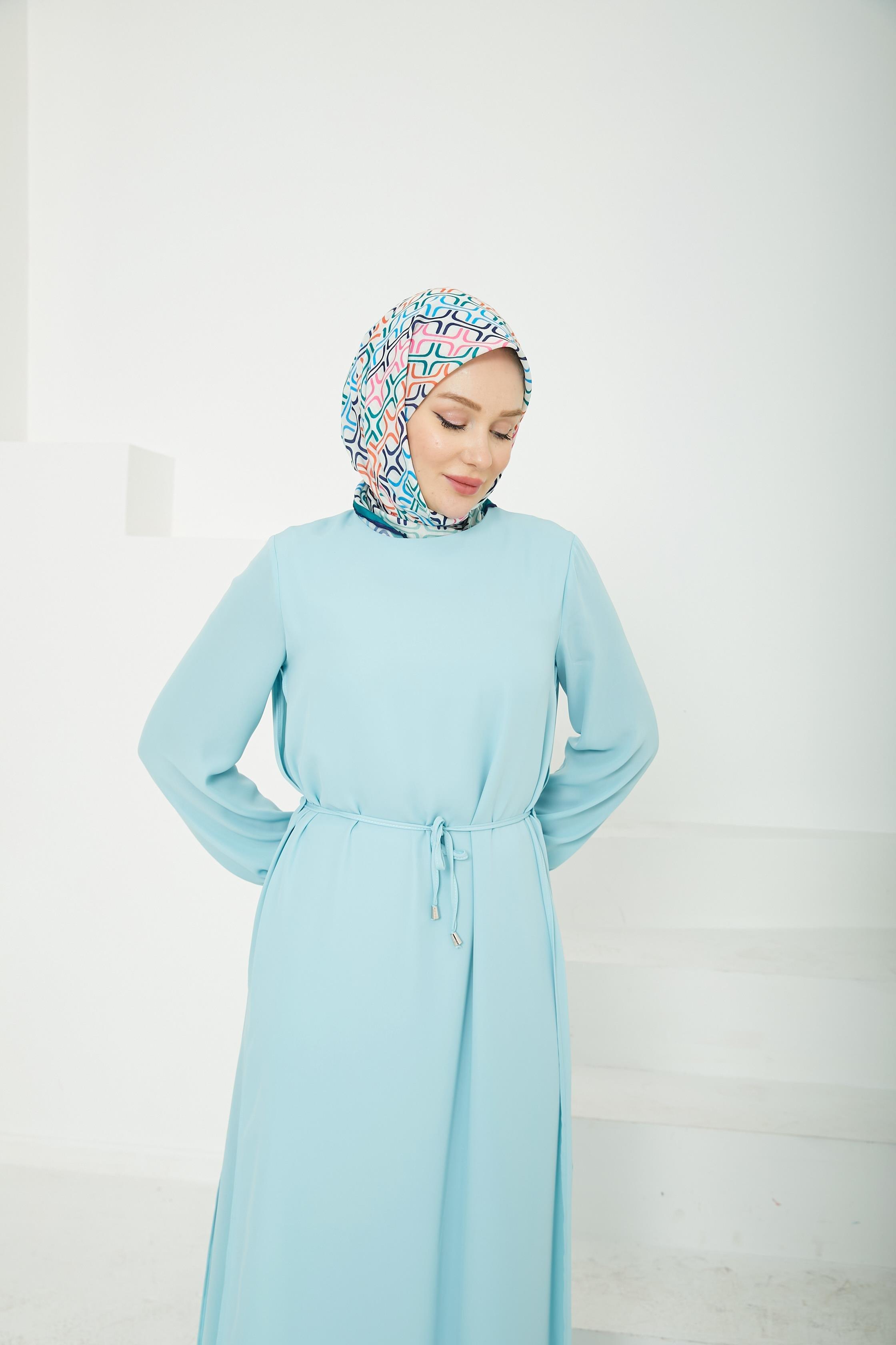 ARMİNE TREND Kolları Lastikli Astarlı Elbise-Mavi 25YT927