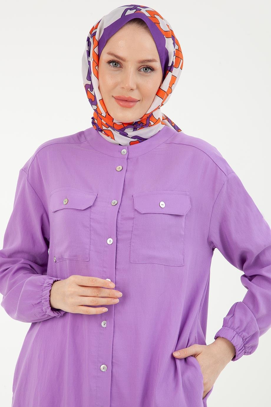 ARMİNE TREND Kolları Lastikli Düğmeli Tunik-Mor 23YT436