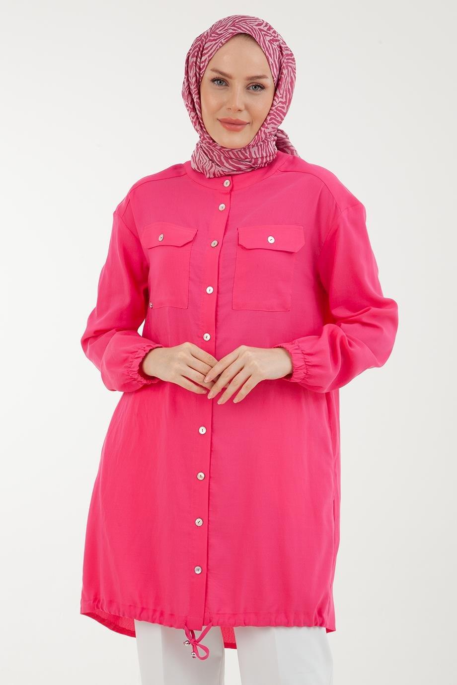 ARMİNE TREND Kolları Lastikli Düğmeli Tunik-Fuşya3 23YT436
