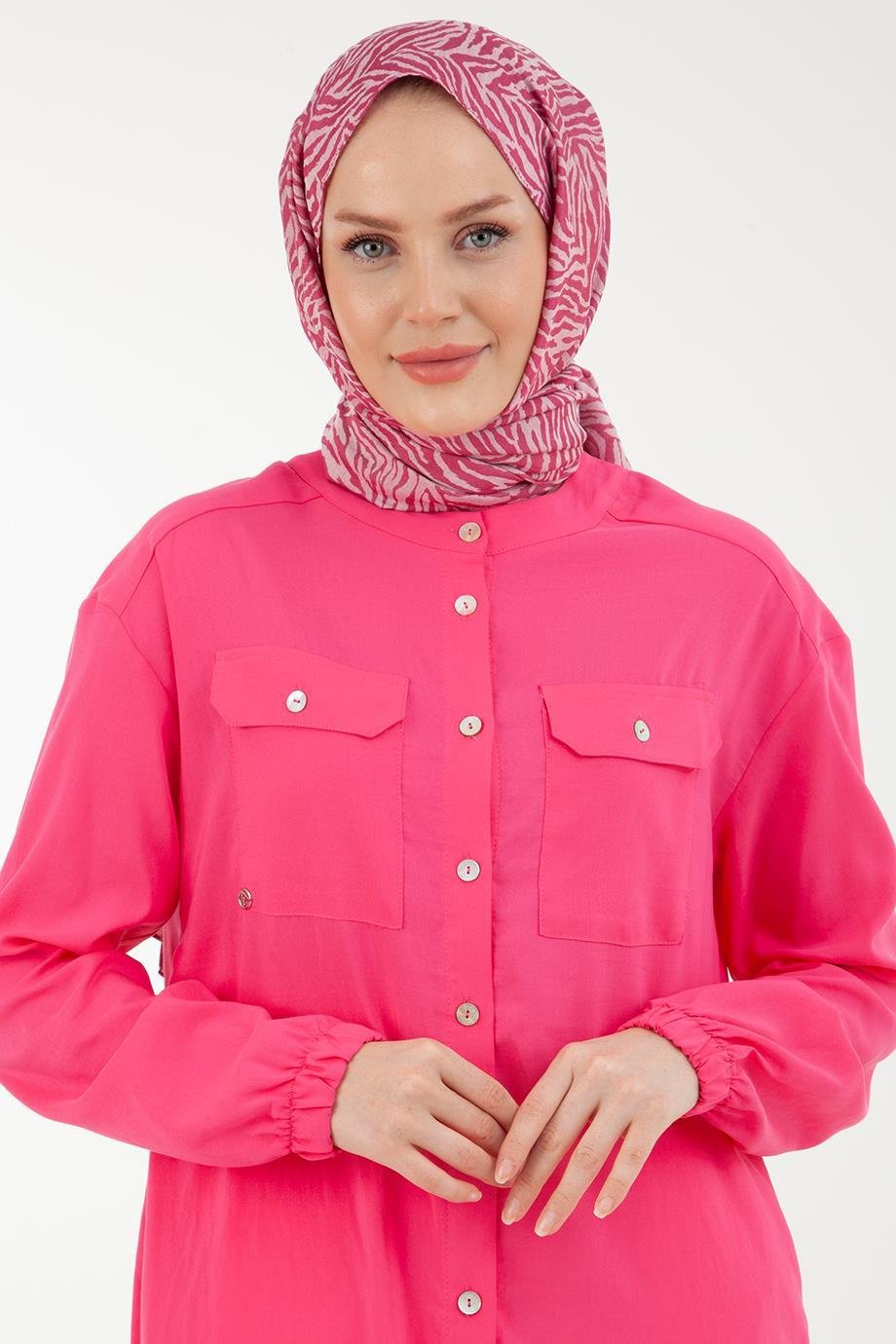 ARMİNE TREND Kolları Lastikli Düğmeli Tunik-Fuşya3 23YT436