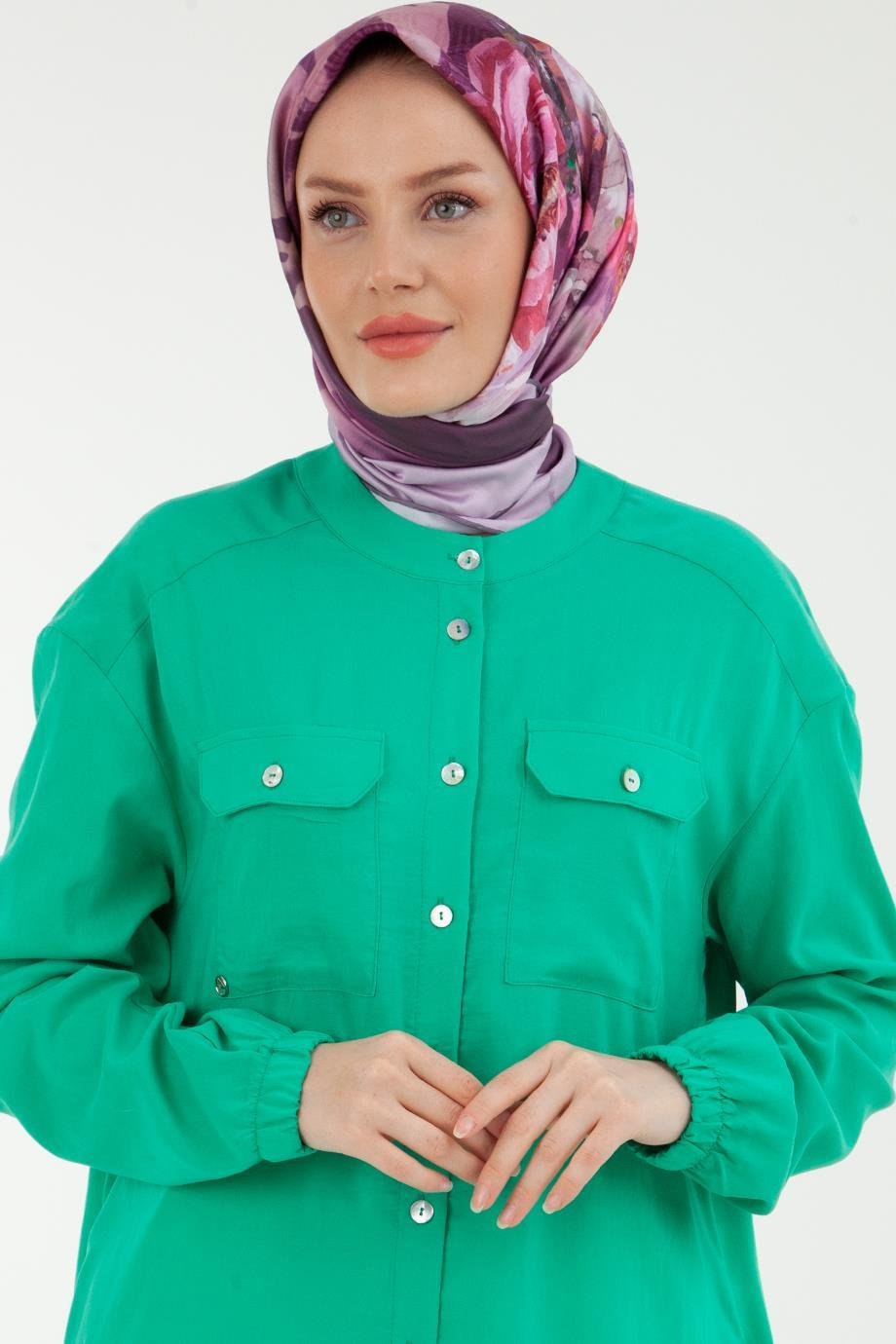 ARMİNE TREND Kolları Lastikli Düğmeli Tunik-Yeşil 23YT436