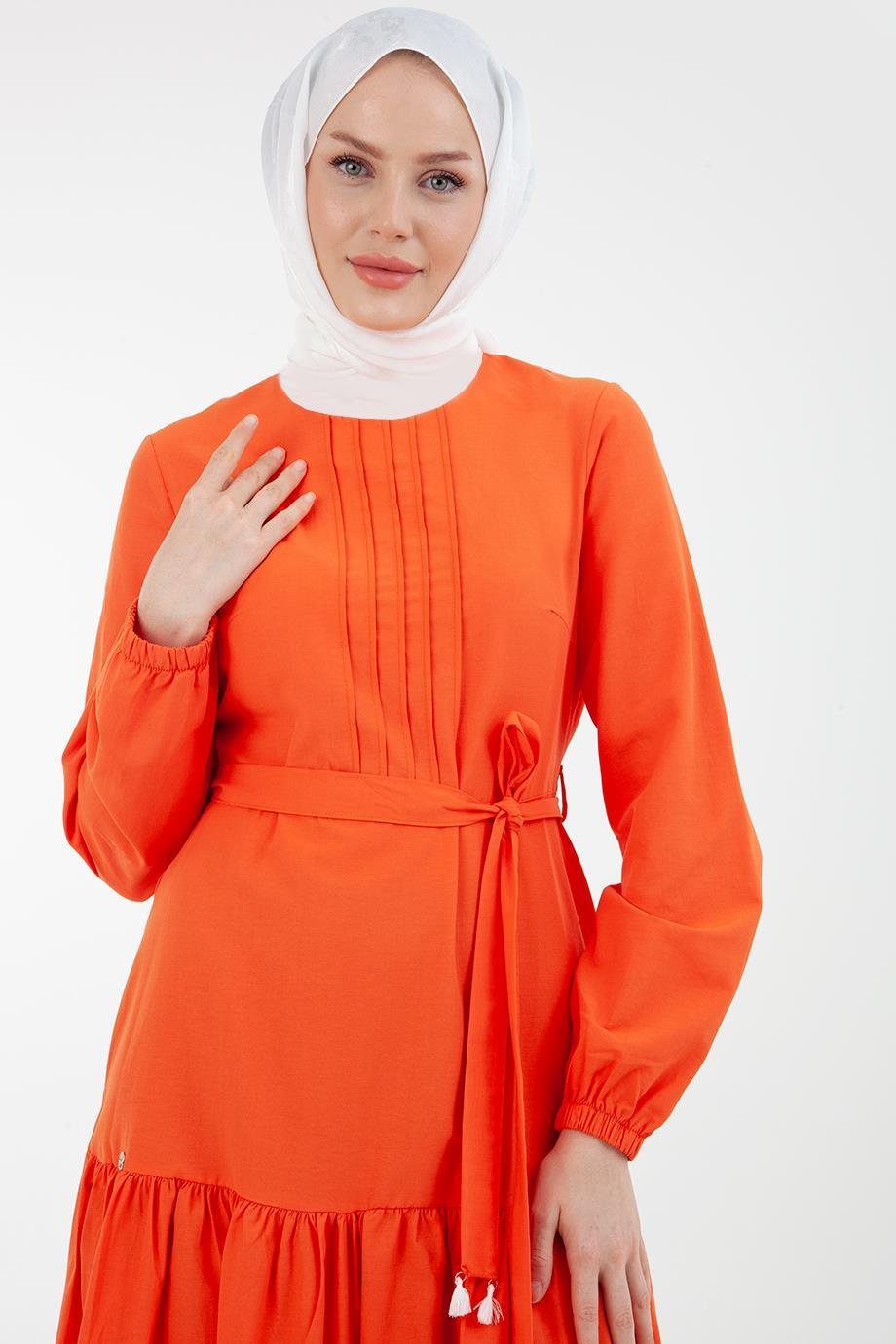 ARMİNE TREND Kolları Lastikli Eteği Büzgü Detaylı Elbise-Oranj 23YT928