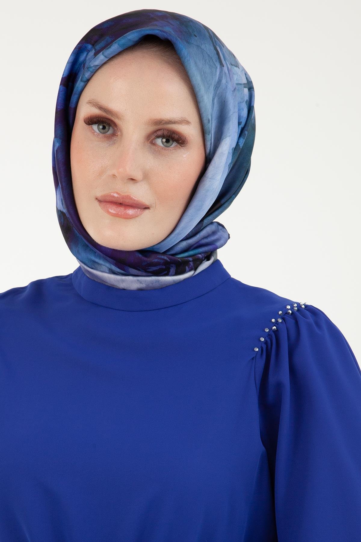 ARMİNE TREND Kolları Lastikli İçi Astarlı Arkadan Fermuarlı Elbise-Saks 23YT904