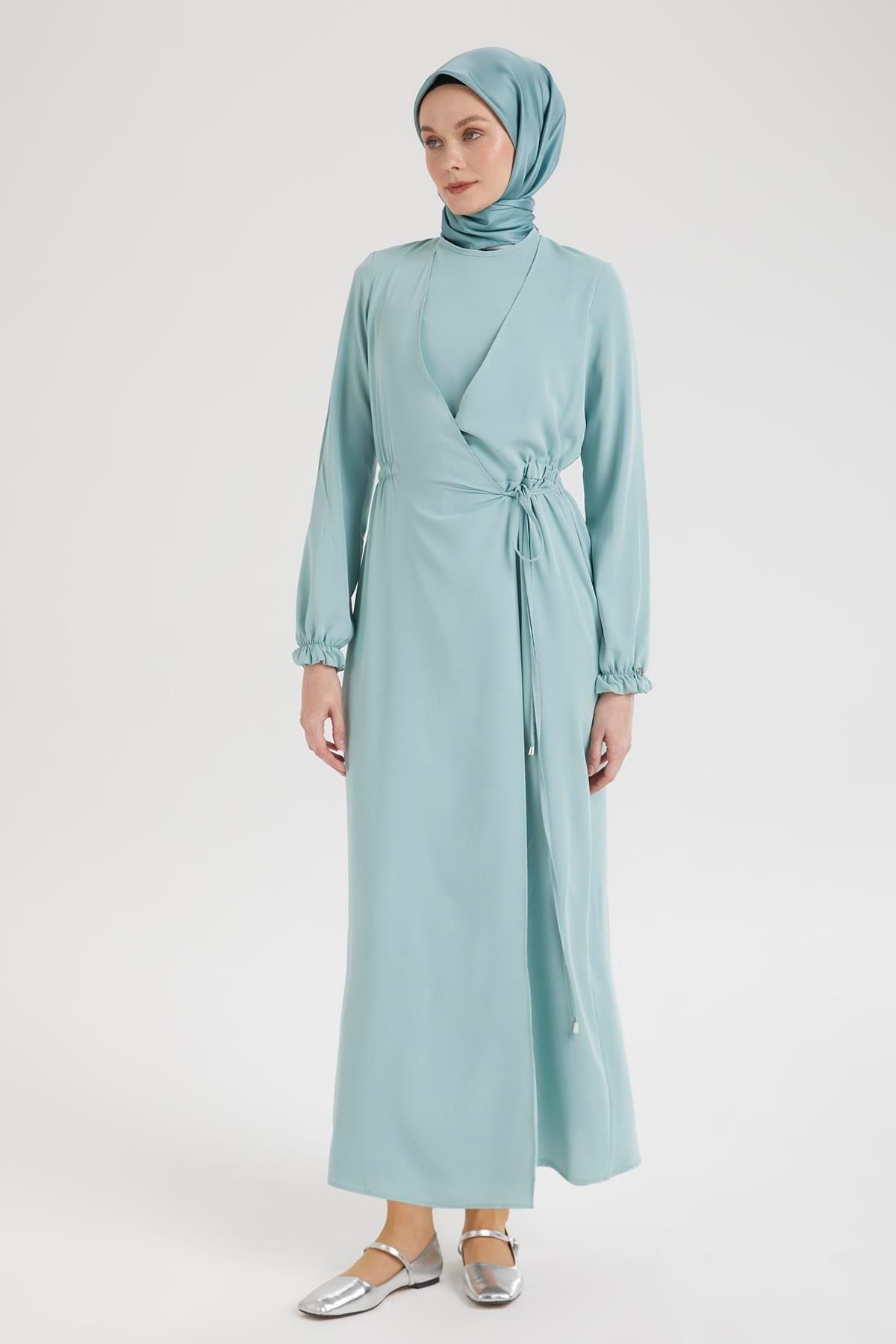 ARMİNE TREND Kolları Lastikli V Yaka Detaylı Elbise-Mint  25YT944