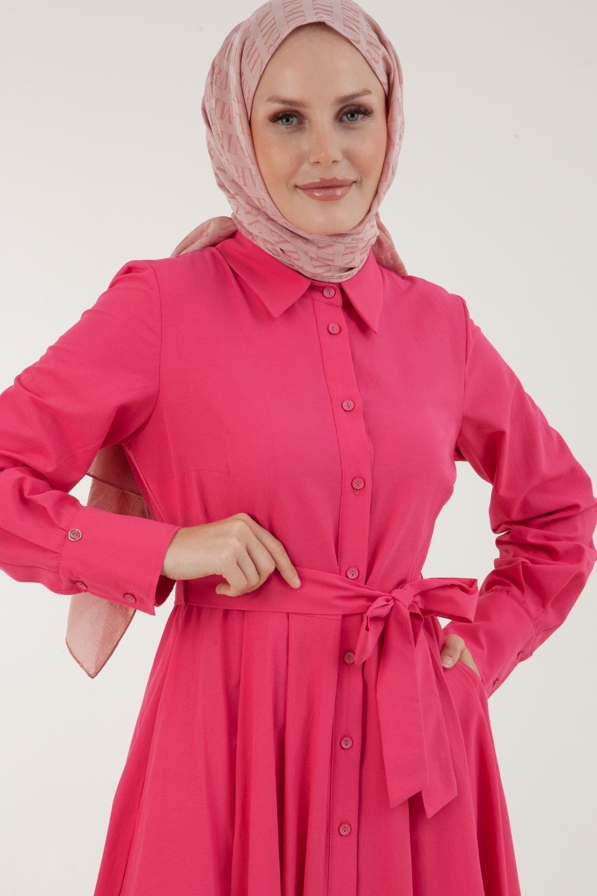 ARMİNE TREND Kolları Manşetli Belden Bağlamalı Kotton Elbise-Fuşya 23YT933