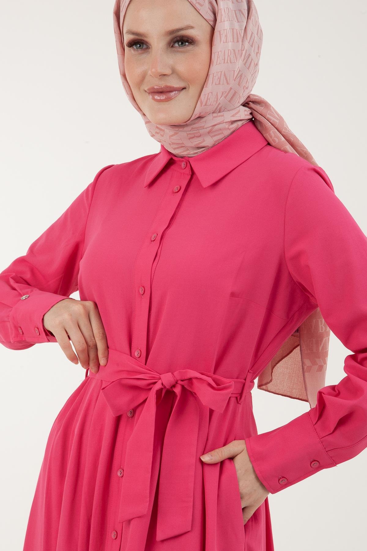 ARMİNE TREND Kolları Manşetli Belden Bağlamalı Kotton Elbise-Fuşya 23YT933