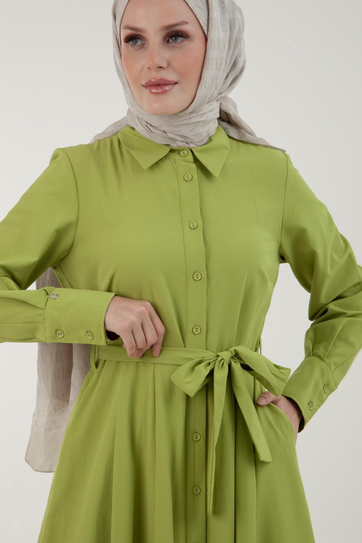 ARMİNE TREND Kolları Manşetli Belden Bağlamalı Kotton Elbise-Fıstık 23YT933