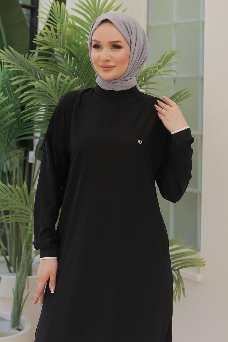 ARMİNE TREND Kolları Ribanalı Arkadan Uzatmalı Basic Tunik-Siyah 25YT449