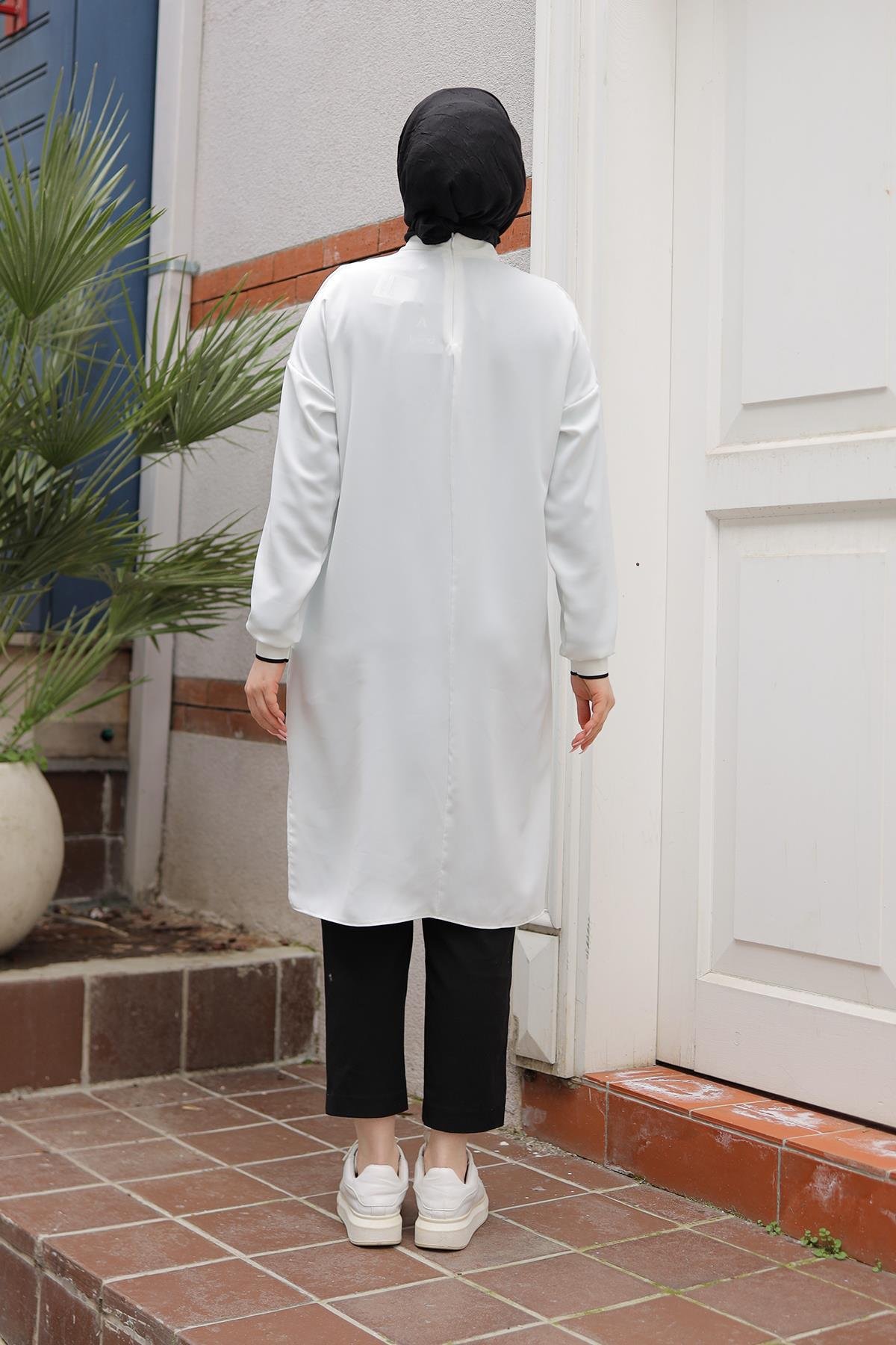 ARMİNE TREND Kolları Ribanalı Arkadan Uzatmalı Basic Tunik-Beyaz 25YT449