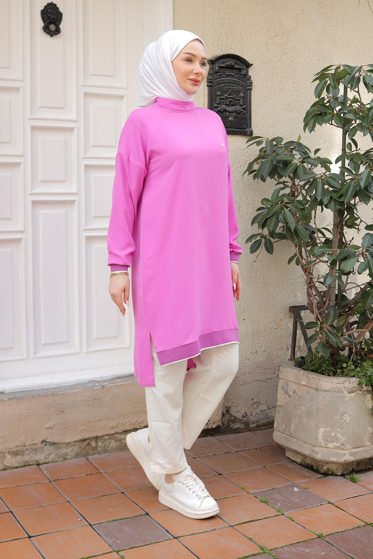 ARMİNE TREND Kolları Ribanalı Arkadan Uzatmalı Basic Tunik-Pembe 25YT449