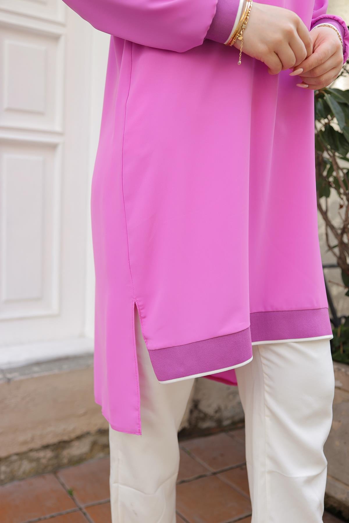 ARMİNE TREND Kolları Ribanalı Arkadan Uzatmalı Basic Tunik-Pembe 25YT449