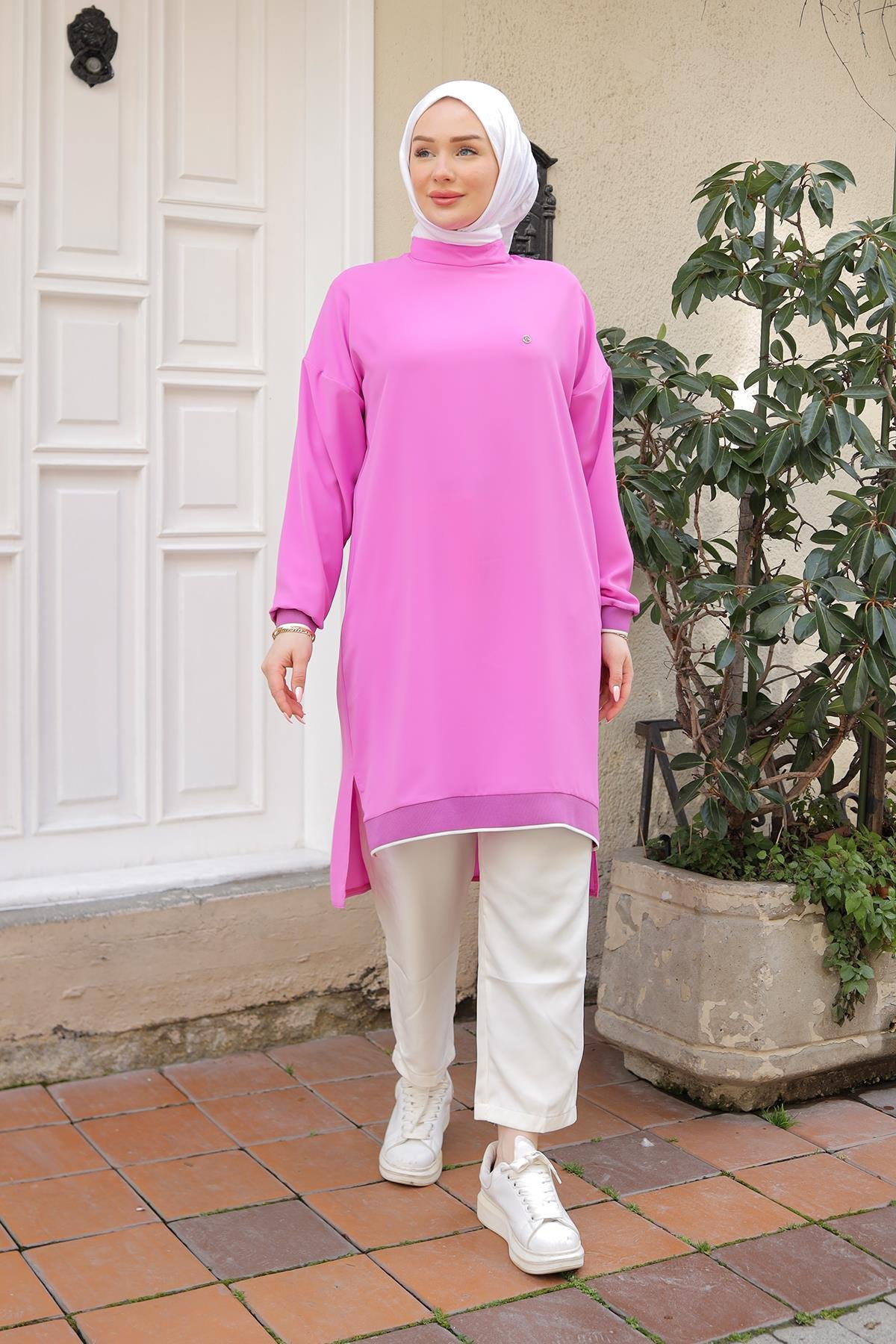 ARMİNE TREND Kolları Ribanalı Arkadan Uzatmalı Basic Tunik-Pembe 25YT449