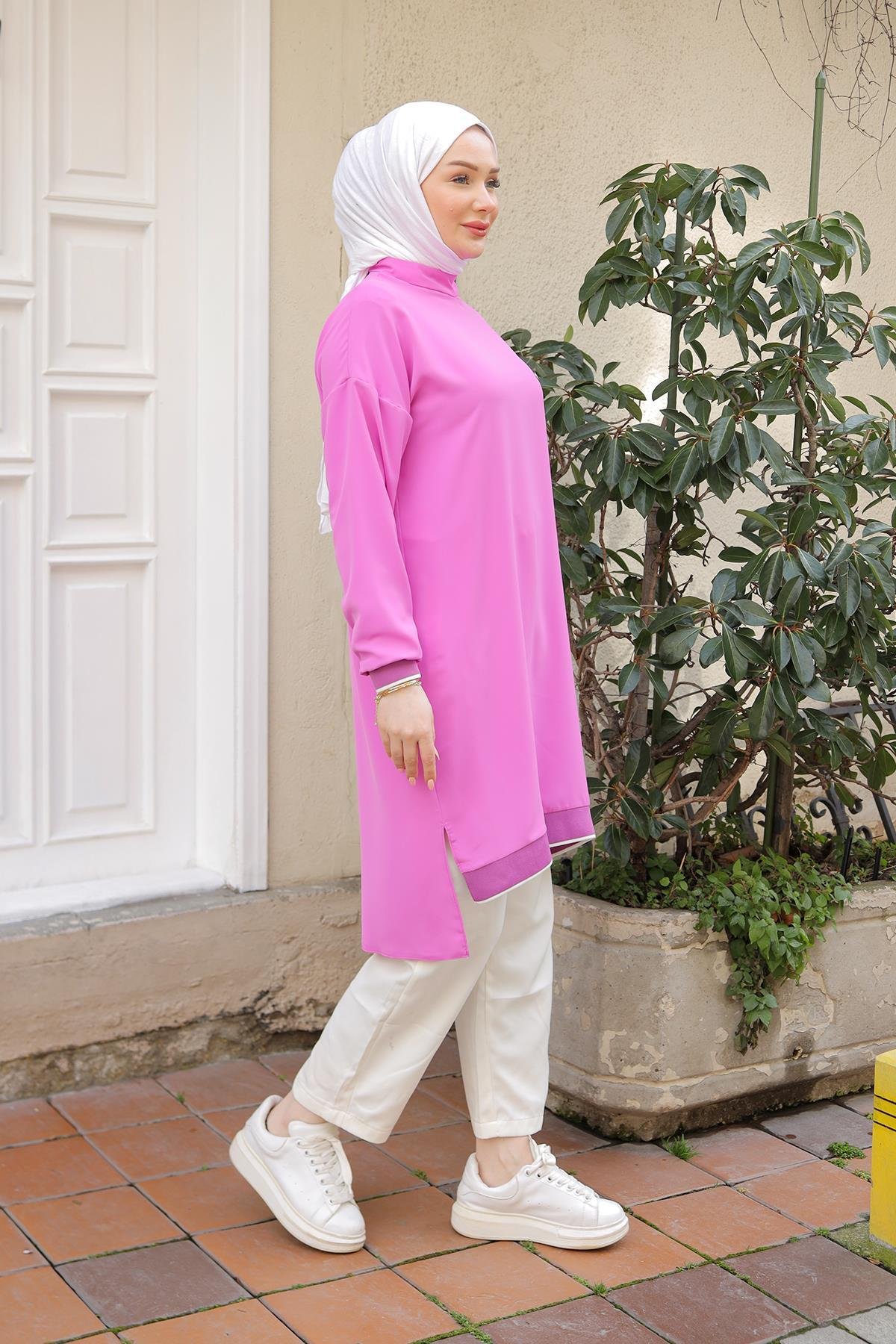 ARMİNE TREND Kolları Ribanalı Arkadan Uzatmalı Basic Tunik-Pembe 25YT449