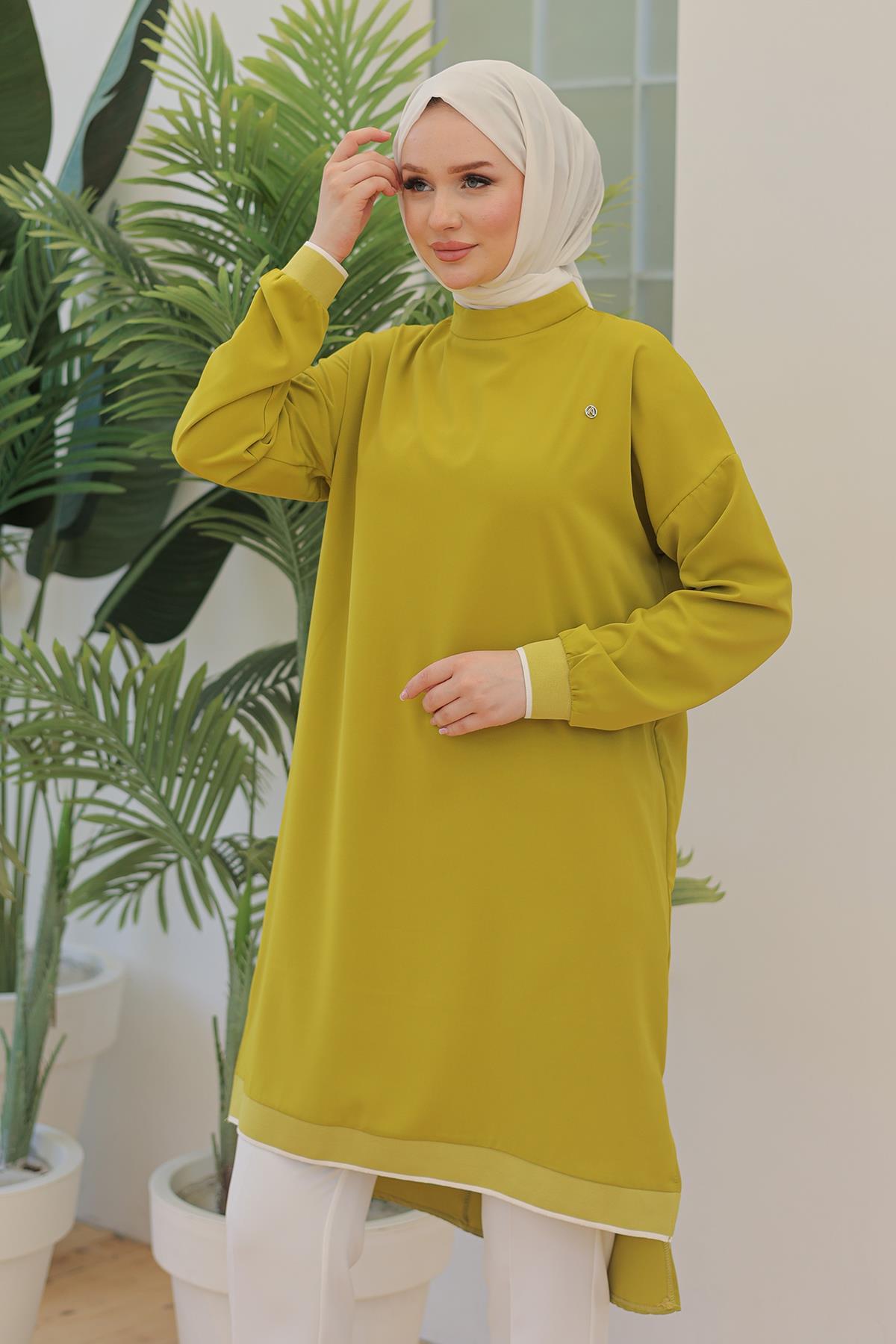 ARMİNE TREND Kolları Ribanalı Arkadan Uzatmalı Basic Tunik-Fıstık Yeşil 25YT449