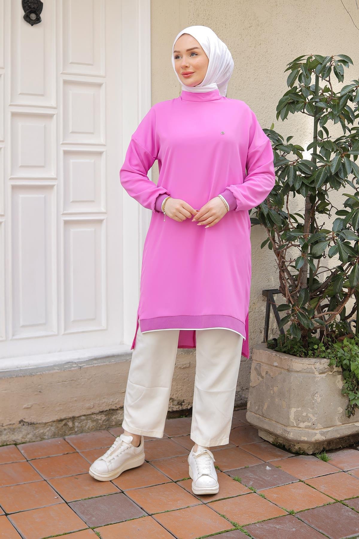 ARMİNE TREND Kolları Ribanalı Arkadan Uzatmalı Basic Tunik-Pembe 25YT449