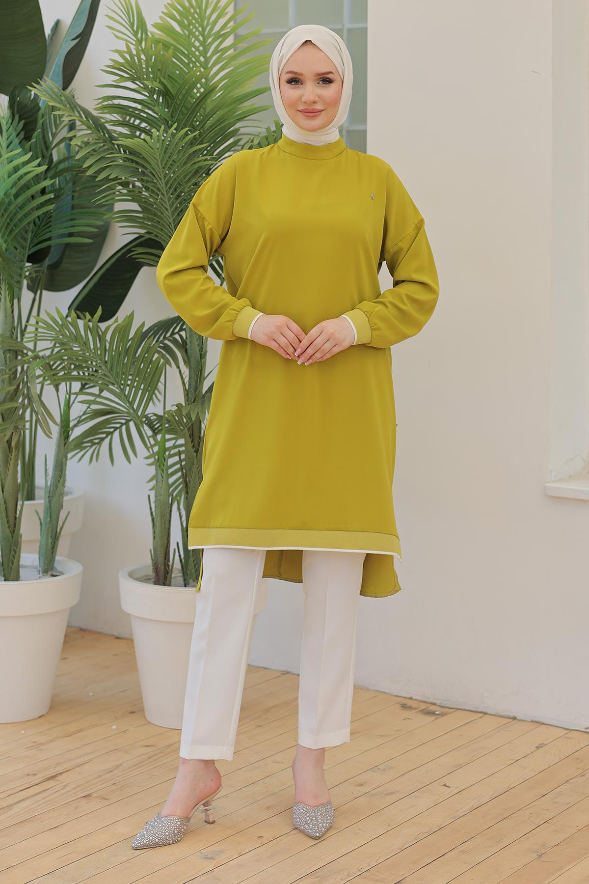 ARMİNE TREND Kolları Ribanalı Arkadan Uzatmalı Basic Tunik-Fıstık Yeşil 25YT449