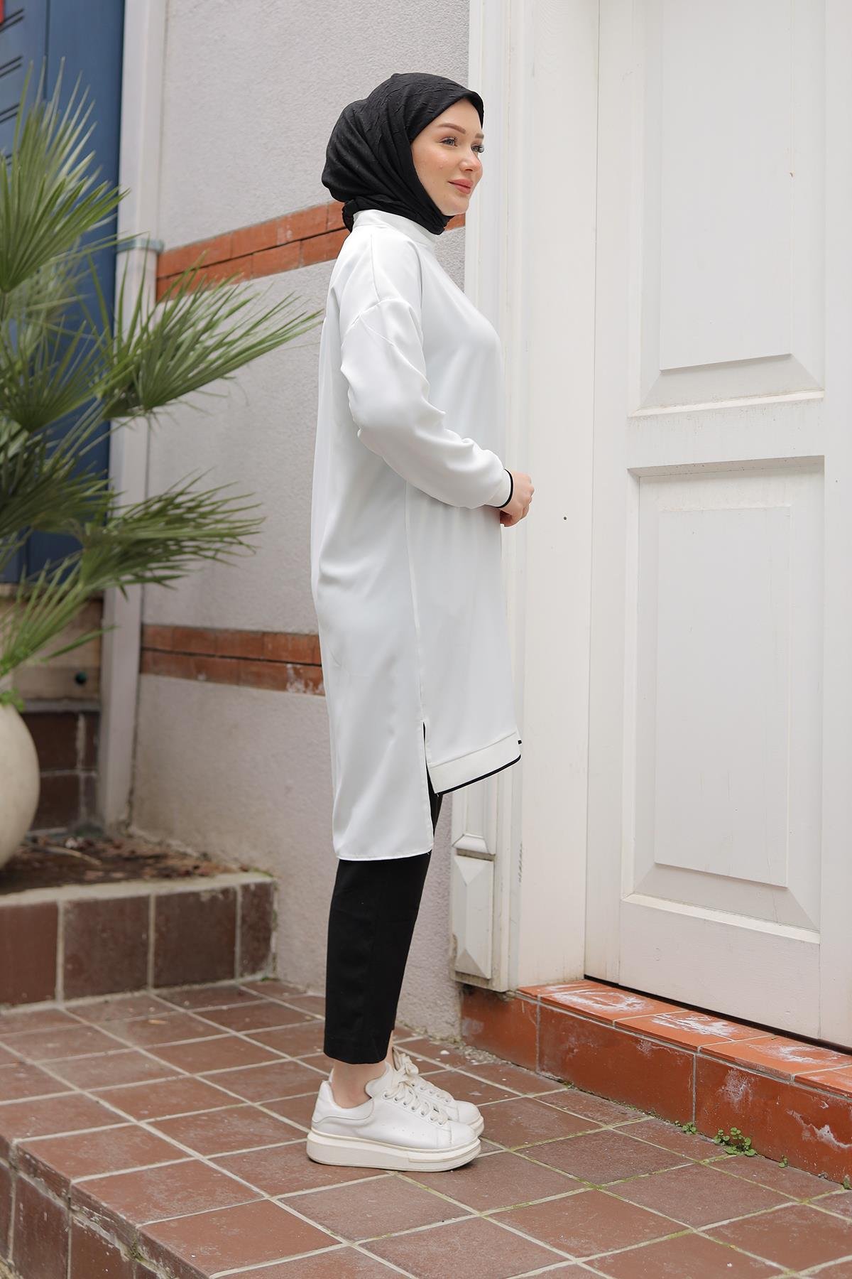 ARMİNE TREND Kolları Ribanalı Arkadan Uzatmalı Basic Tunik-Beyaz 25YT449