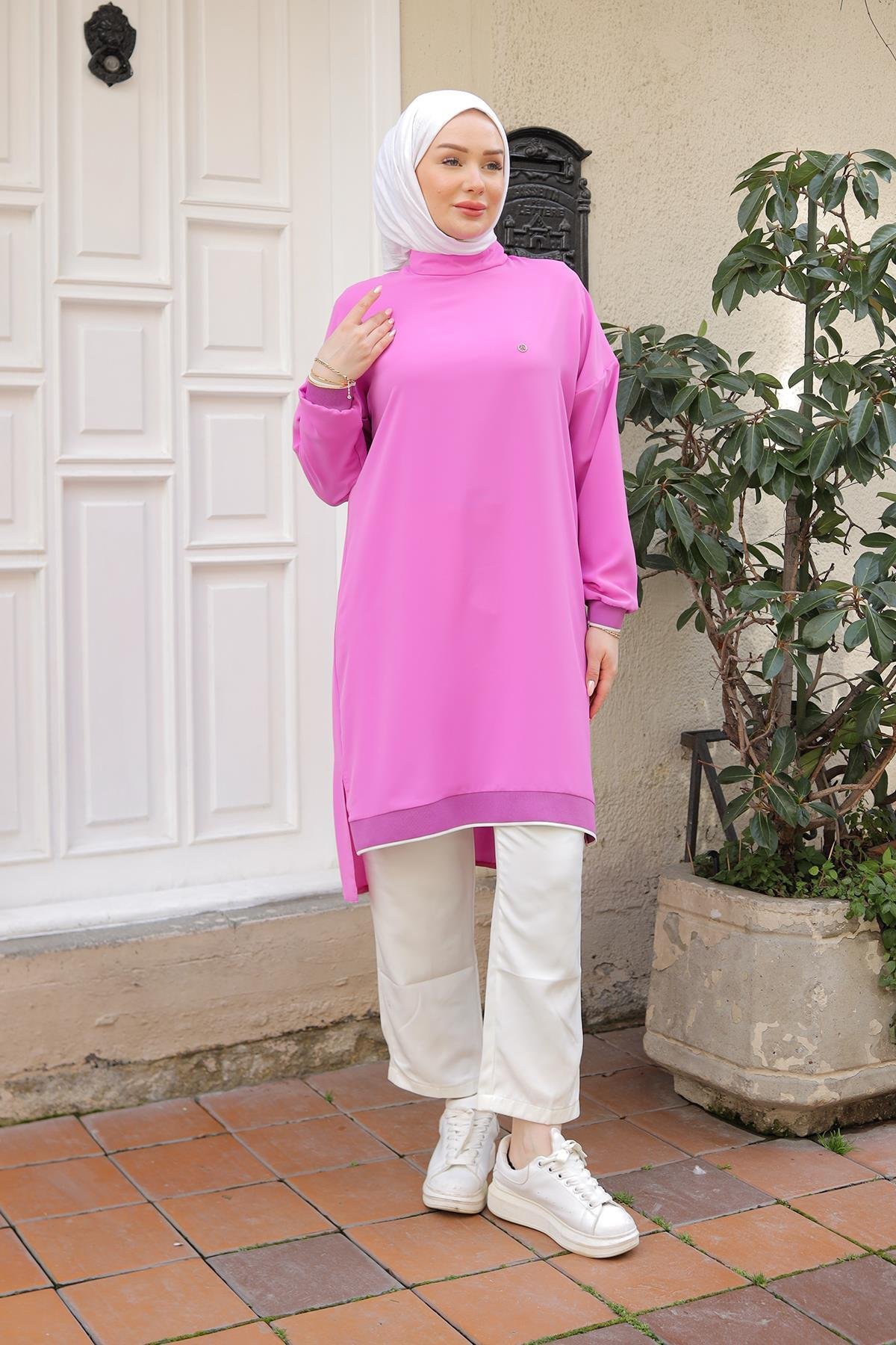 ARMİNE TREND Kolları Ribanalı Arkadan Uzatmalı Basic Tunik-Pembe 25YT449